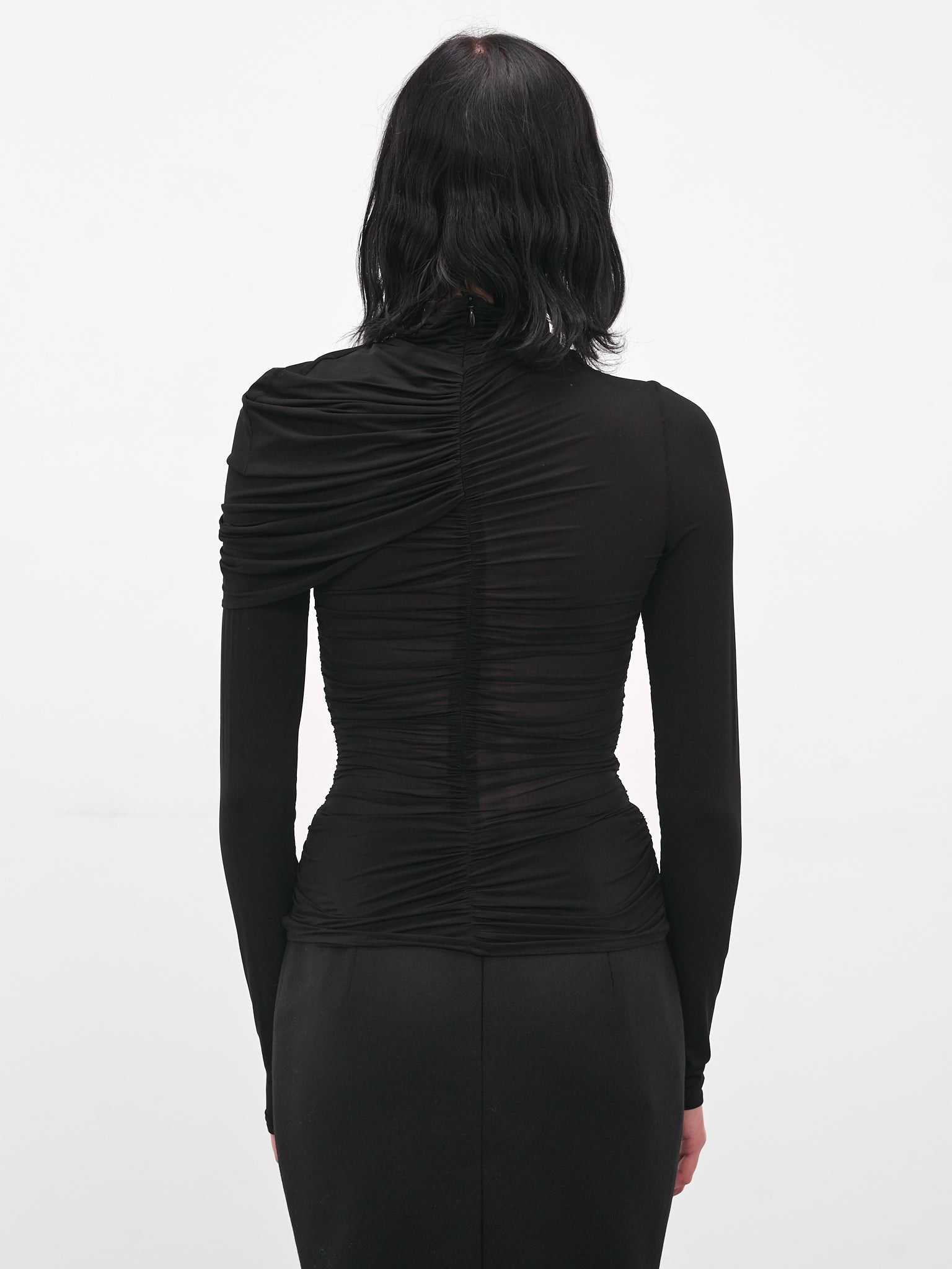Black Mesh Ruched Cape Blouse - 3