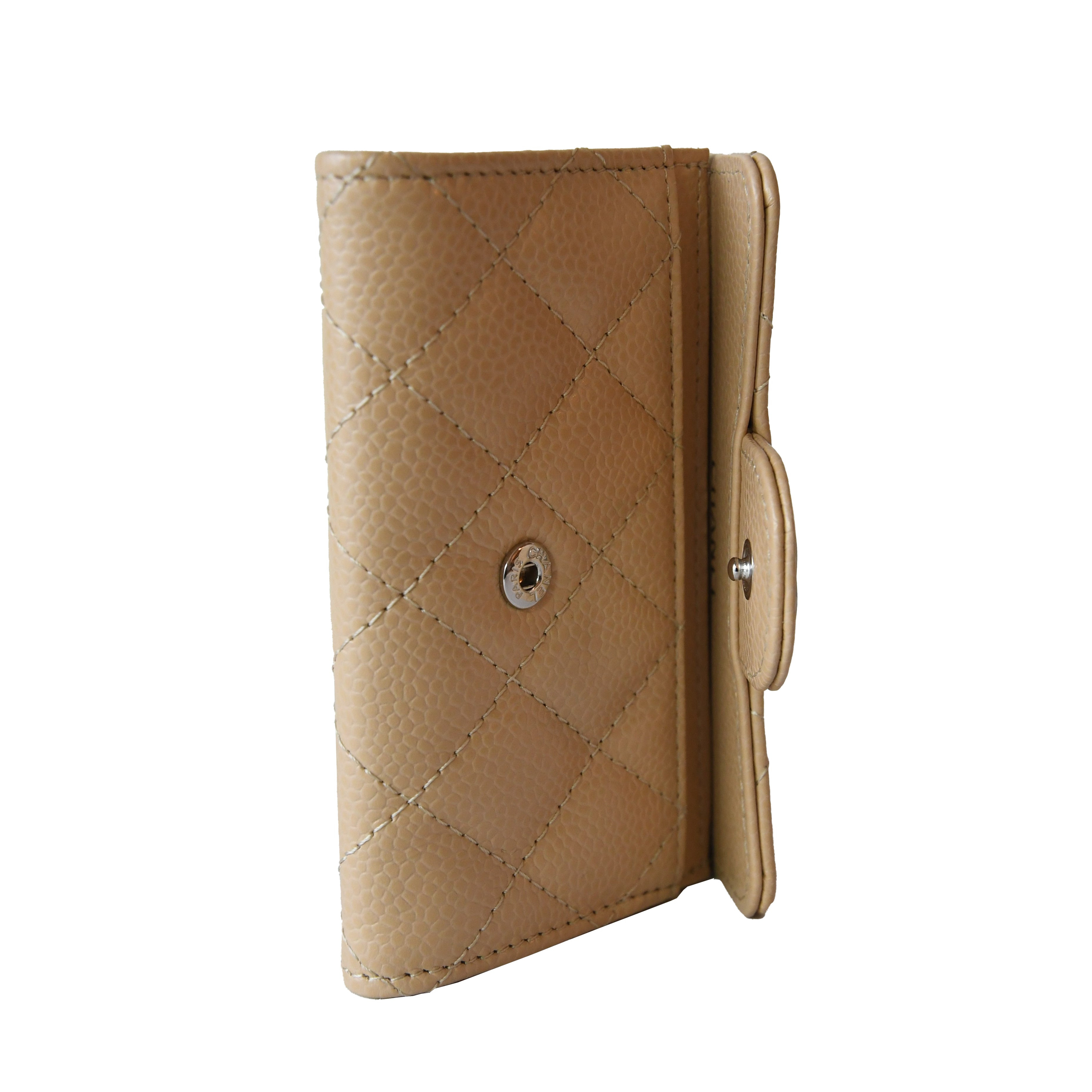 Chanel CC Quilted Caviar Flap Card Holder Wallet Beige Silver - 3