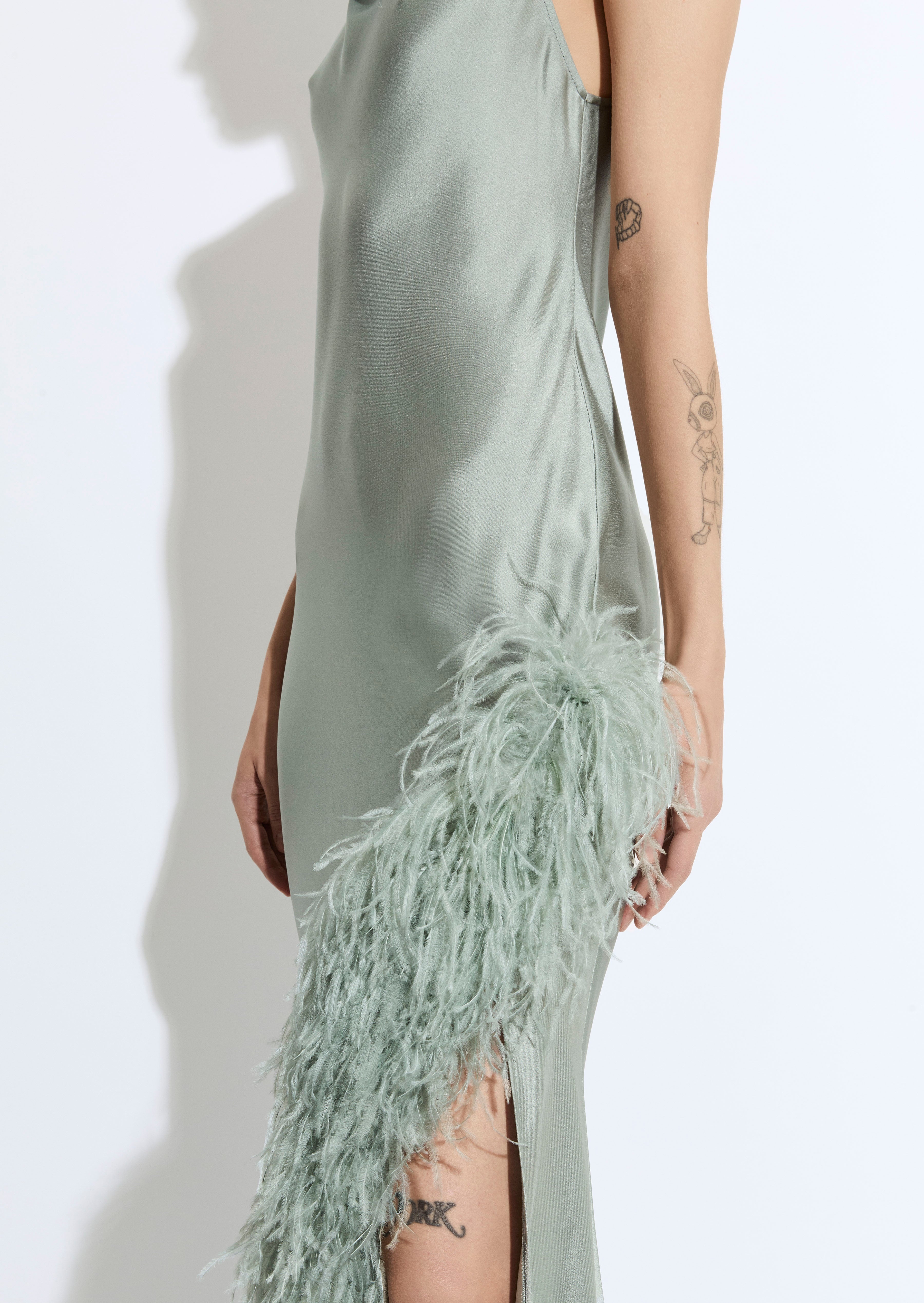 Satin Halter Gown With Feathers - 4