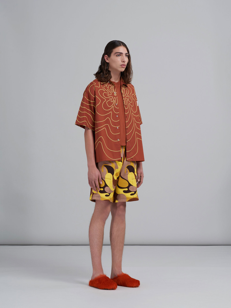 ORANGE BROWN VIBRATING FLOWER POPLIN BOWLING SHIRT 5