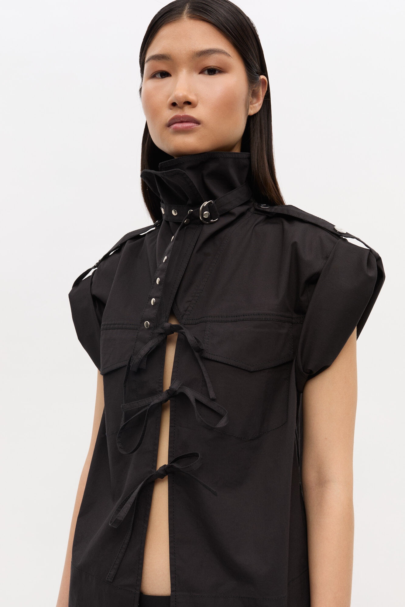 BLACK STRETCH COTTON BLOUSE - 3