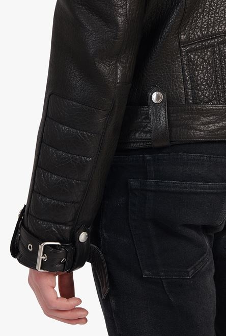 Black quilted leather biker jacket - 8