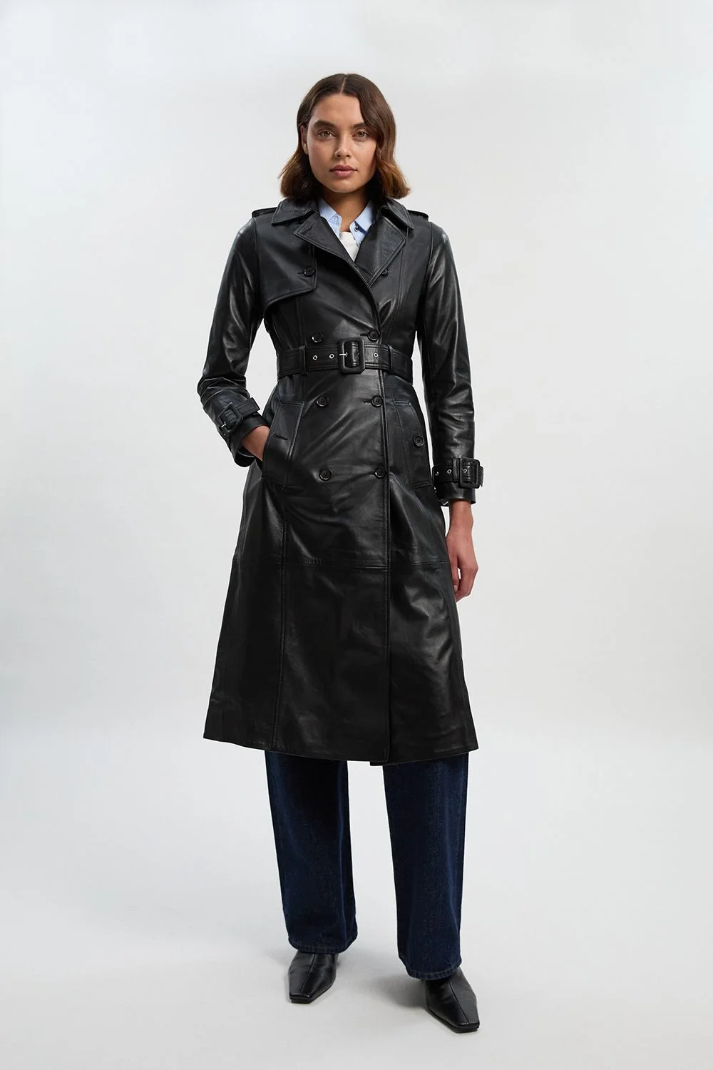 Leather Trench Belted Mac Midi Coat - 1