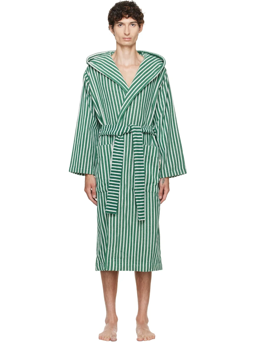 Green & White Terry Hooded Bathrobe - 1