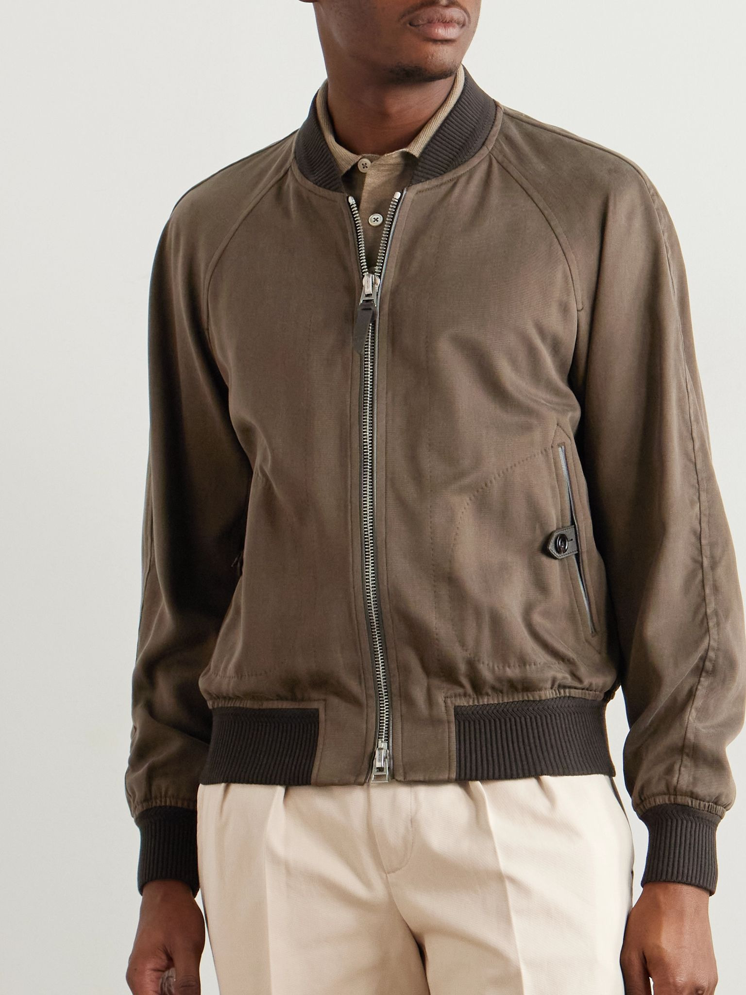 Leather-Trimmed Lyocell-Twill Bomber Jacket Brown - 3