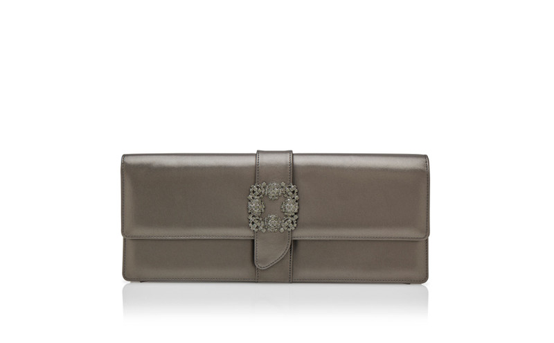 Dark Grey Nappa Leather Jewel Buckle Clutch 1