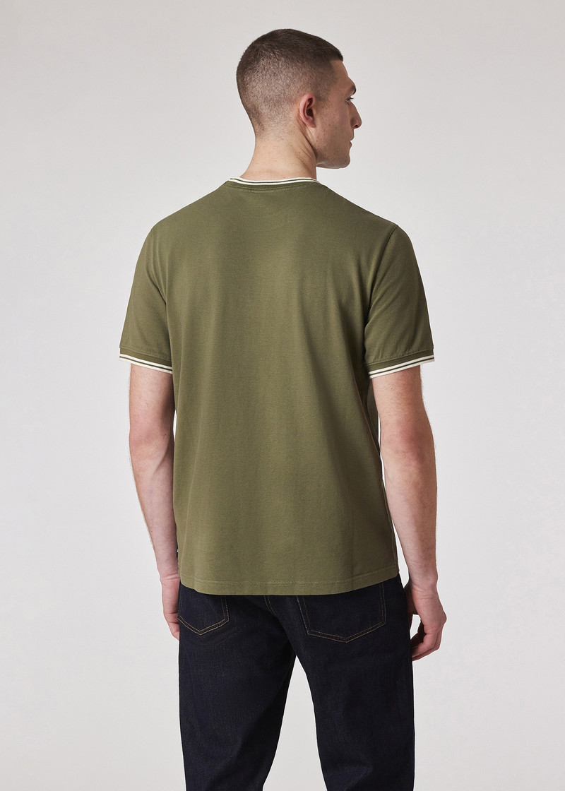 Khaki Regular-Fit Contrast Stripe Cotton T-Shirt 5