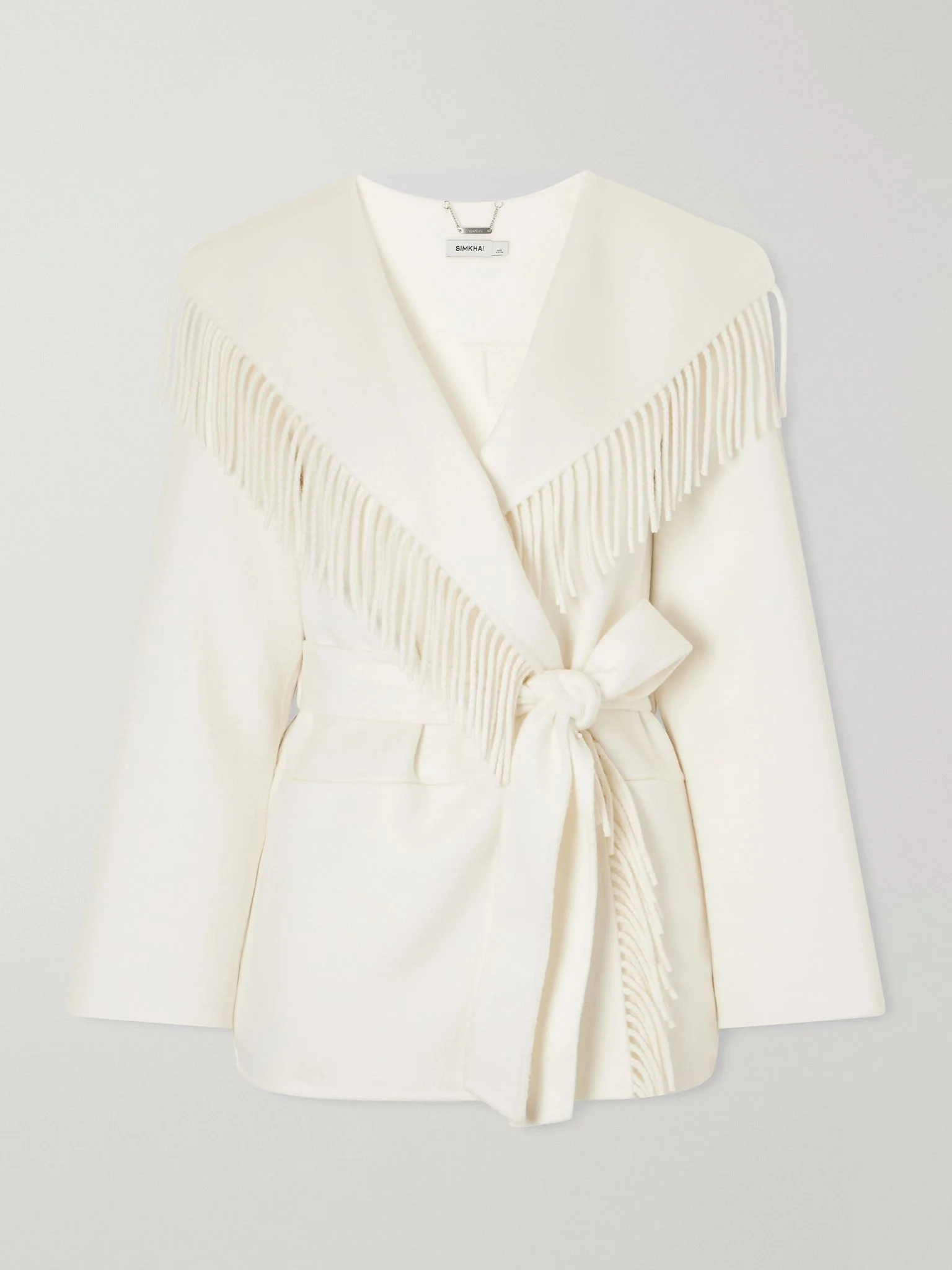 Rowen belted fringed wool-blend jacket White - 1