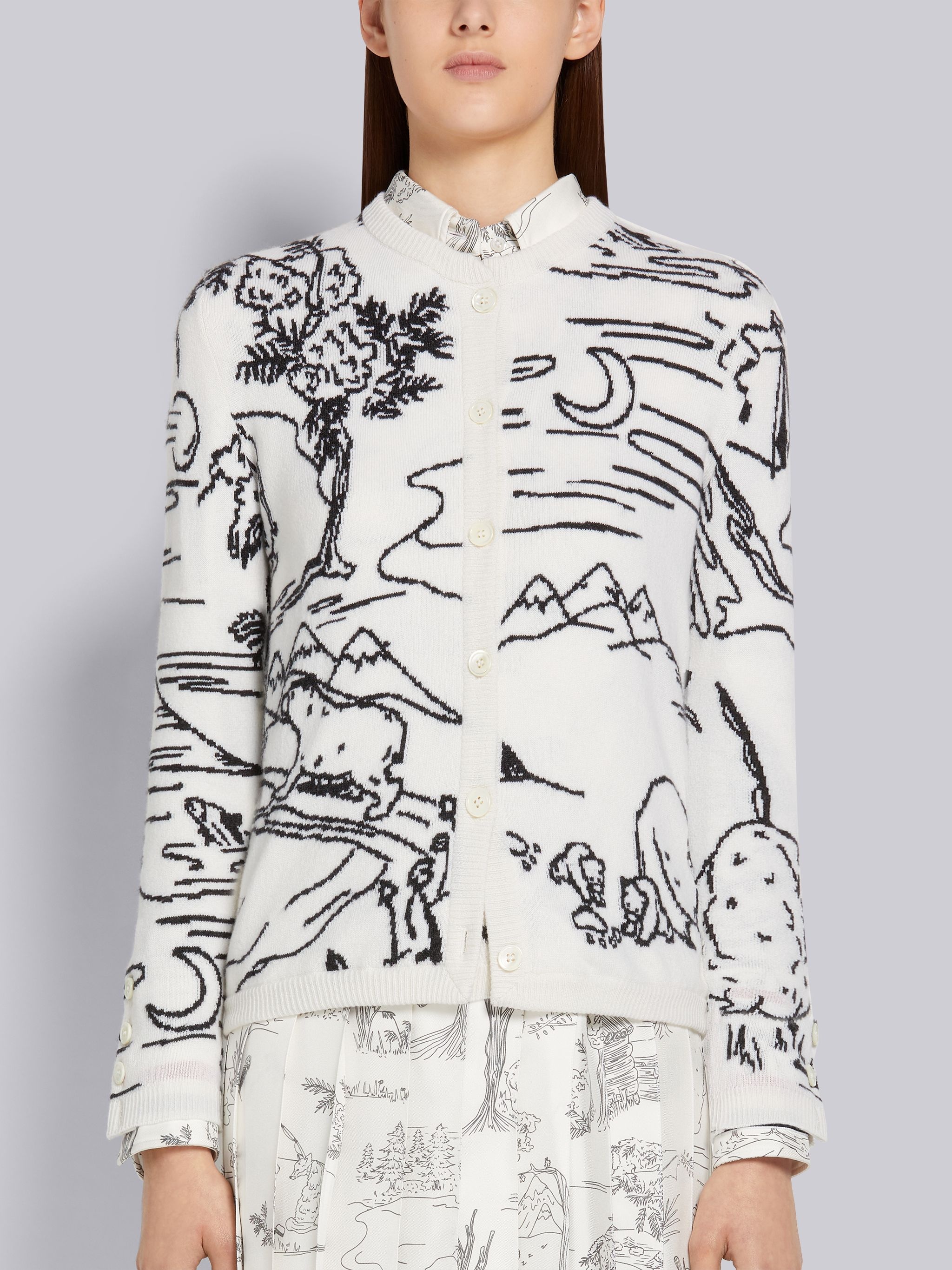 White Animal Camp Toile Intarsia Cashmere Crew Neck Cardigan Jacket - 1