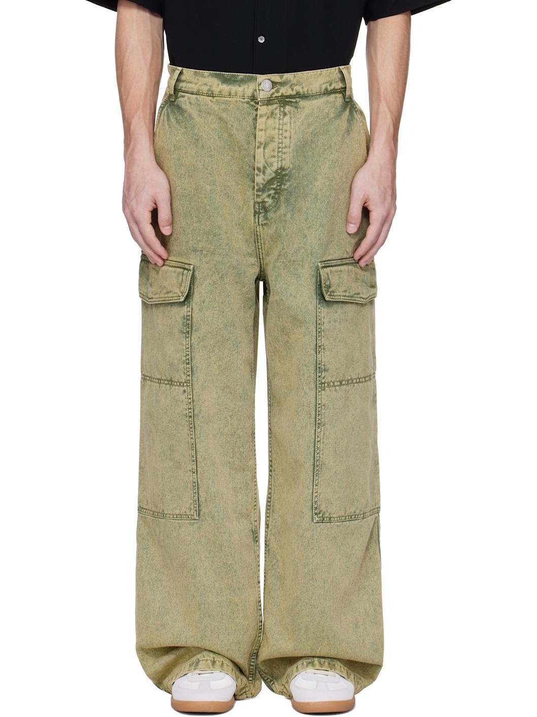 Khaki Cotton Wide Fit Denim Cargo Pants - 1