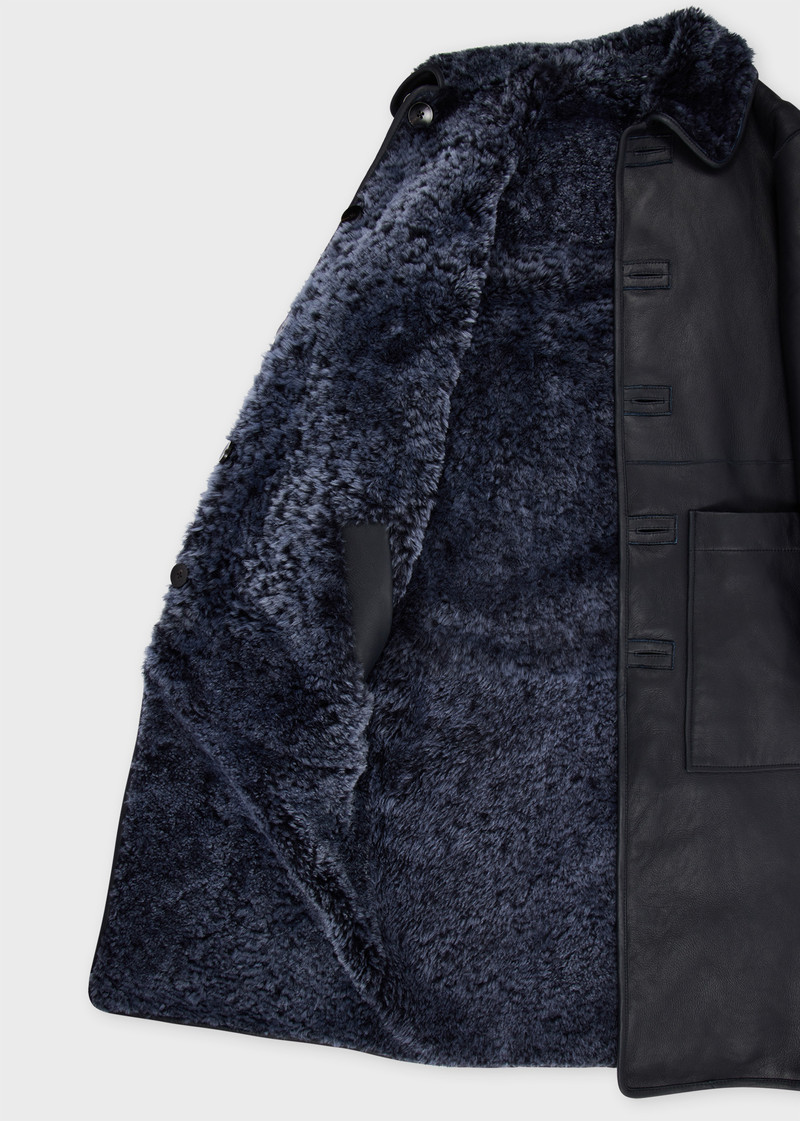 Women's Navy Reversible Leather and Shearling Coat 4