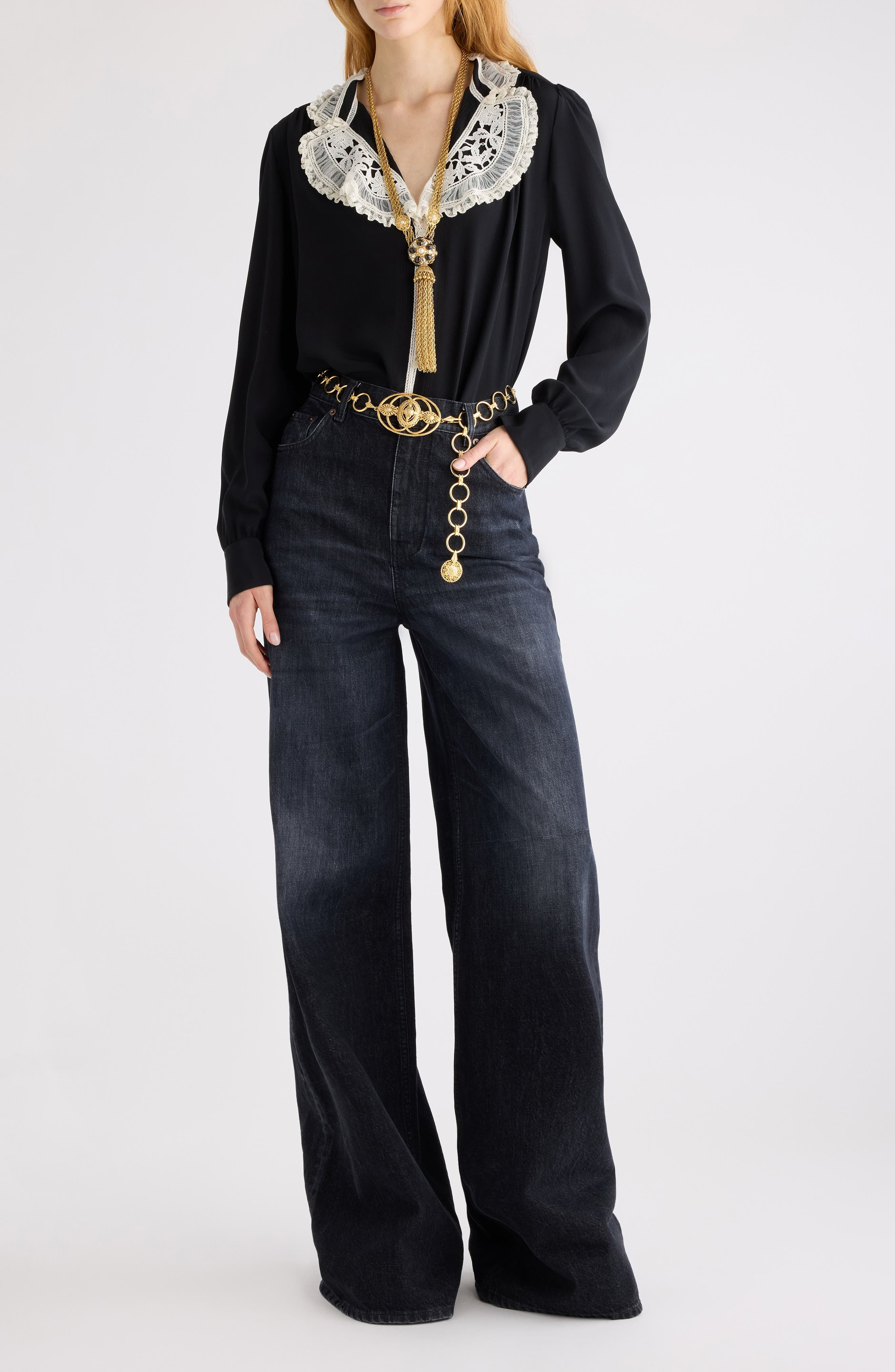 Chloé Silk Crêpe de Chine & Lace Ruffle Collar Button-Up Shirt in Black at Nordstrom - 2