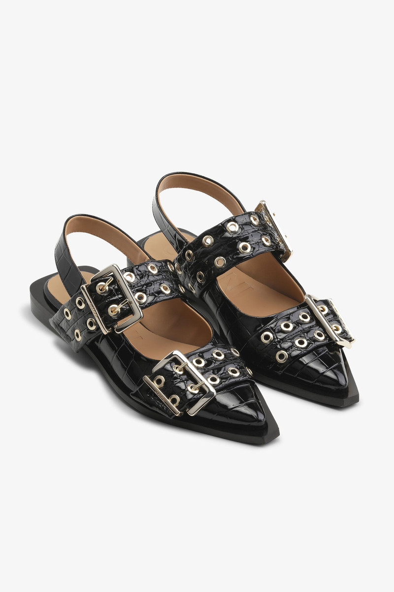 GANNI FEMININE BUCKLE BALLERINAS IN BLACK CROCO PATENT outlook