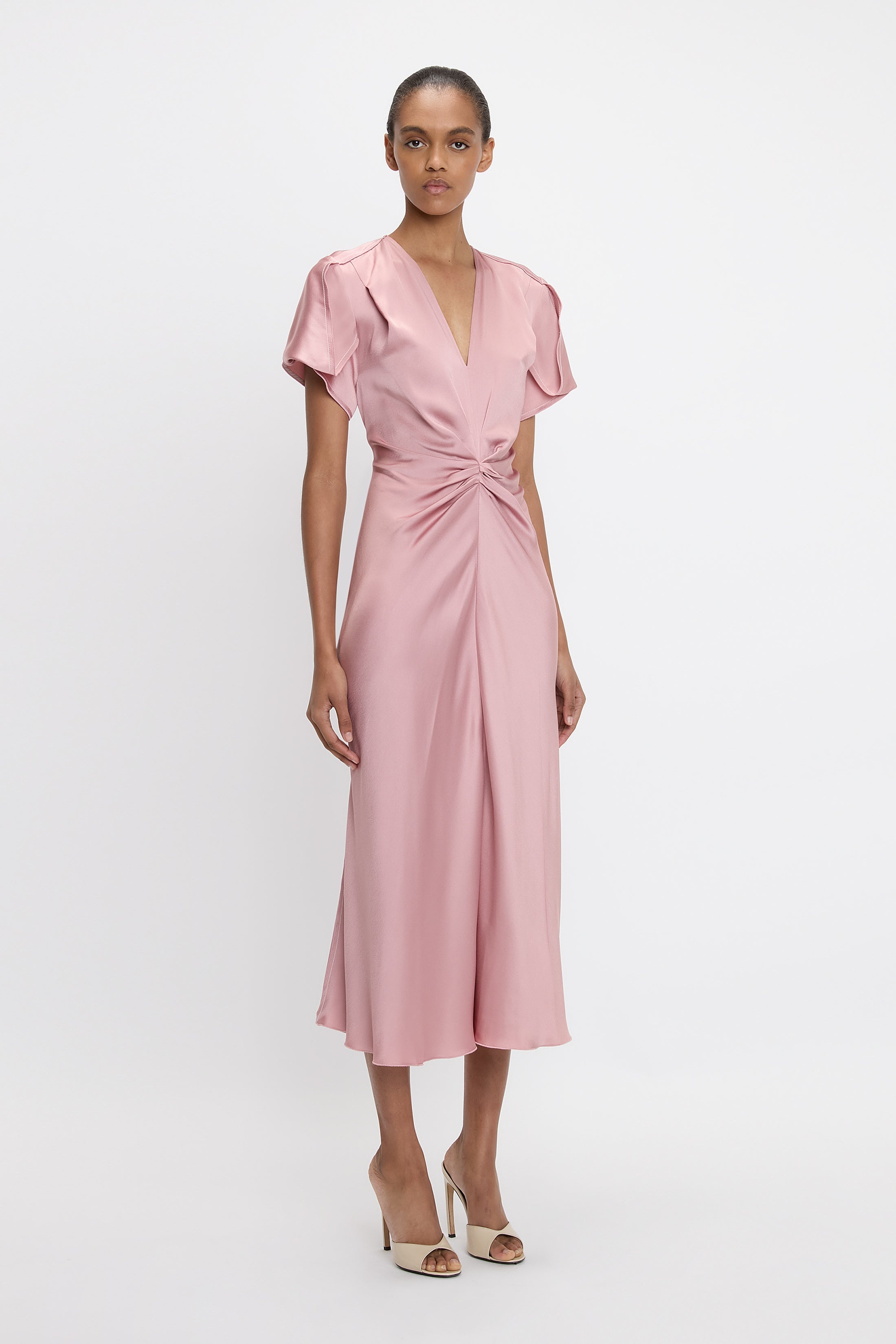 Gathered V-Neck Midi Dress In Peony - 3