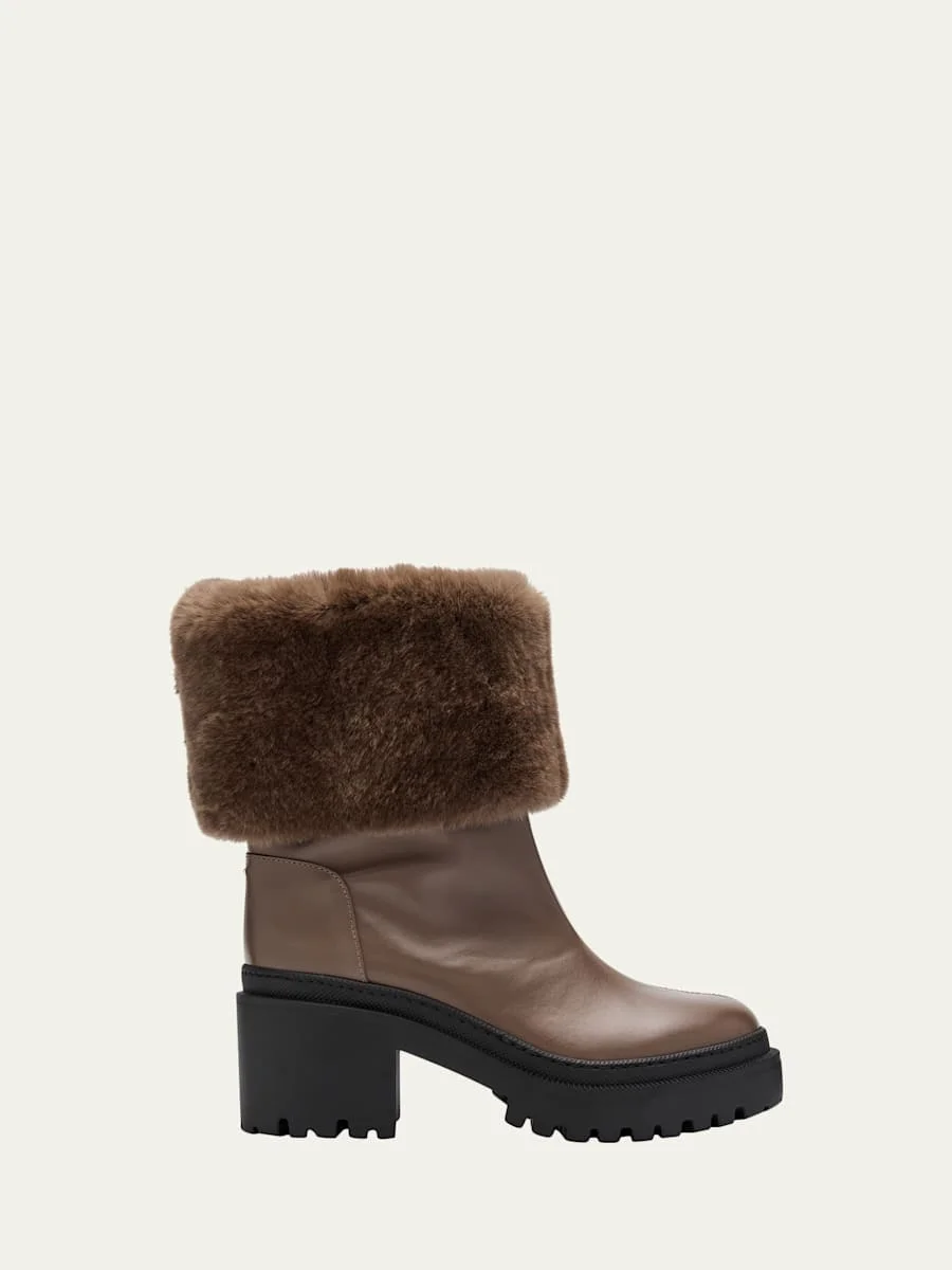 Leather Ankle Boots with Shearling Cuff - 1