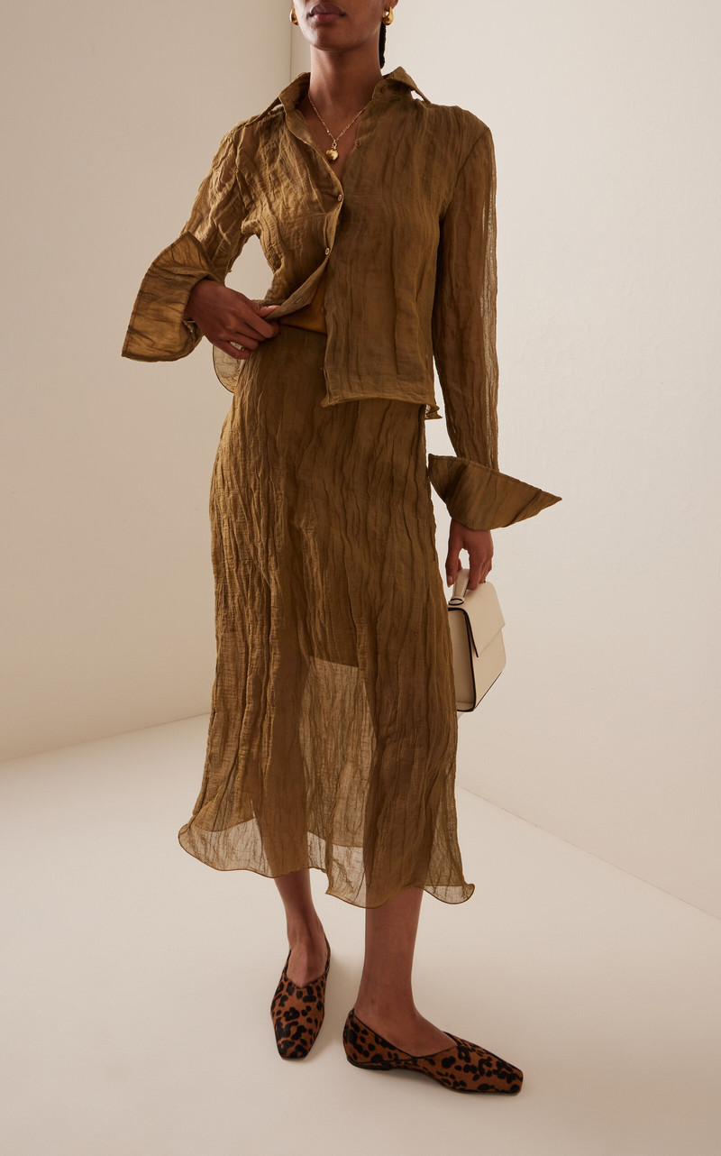 BRANDON MAXWELL The James Low-Rise Metallic Organza Midi Skirt tan outlook