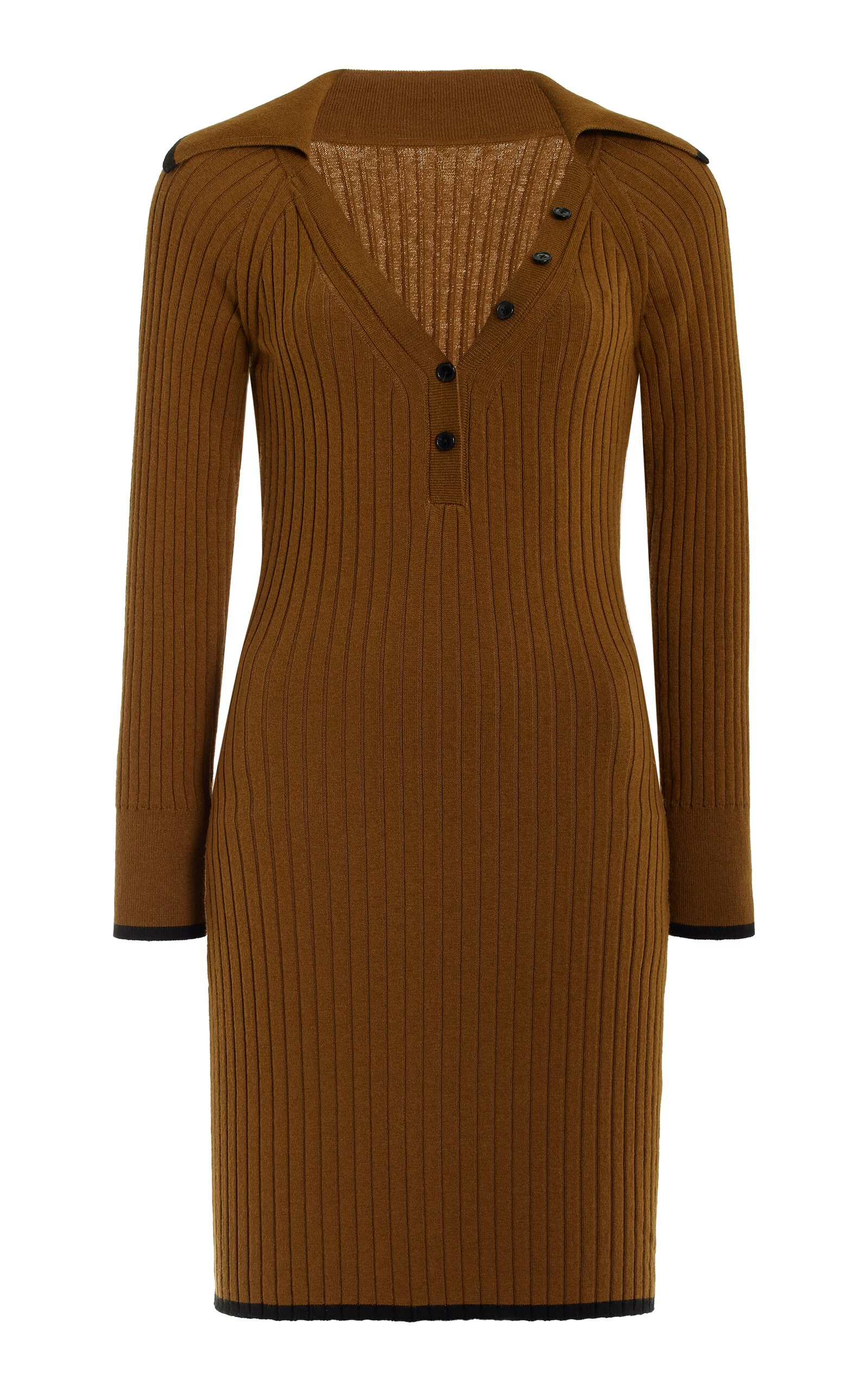 Cotton-Blend Ribbed-Knit Mini Polo Dress brown - 1