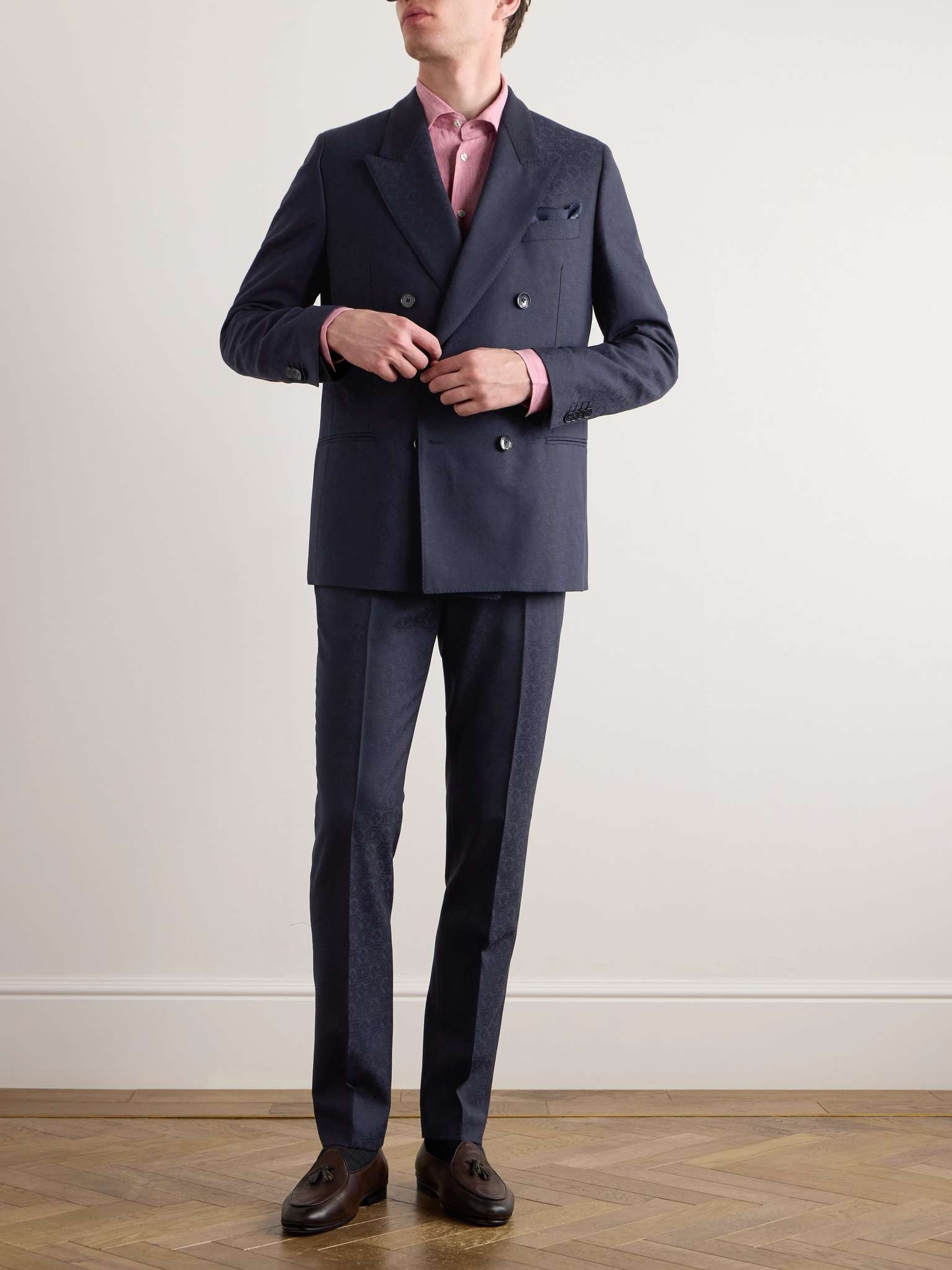 Double-Breasted Felt-Trimmed Wool-Jacquard Suit Jacket - 2