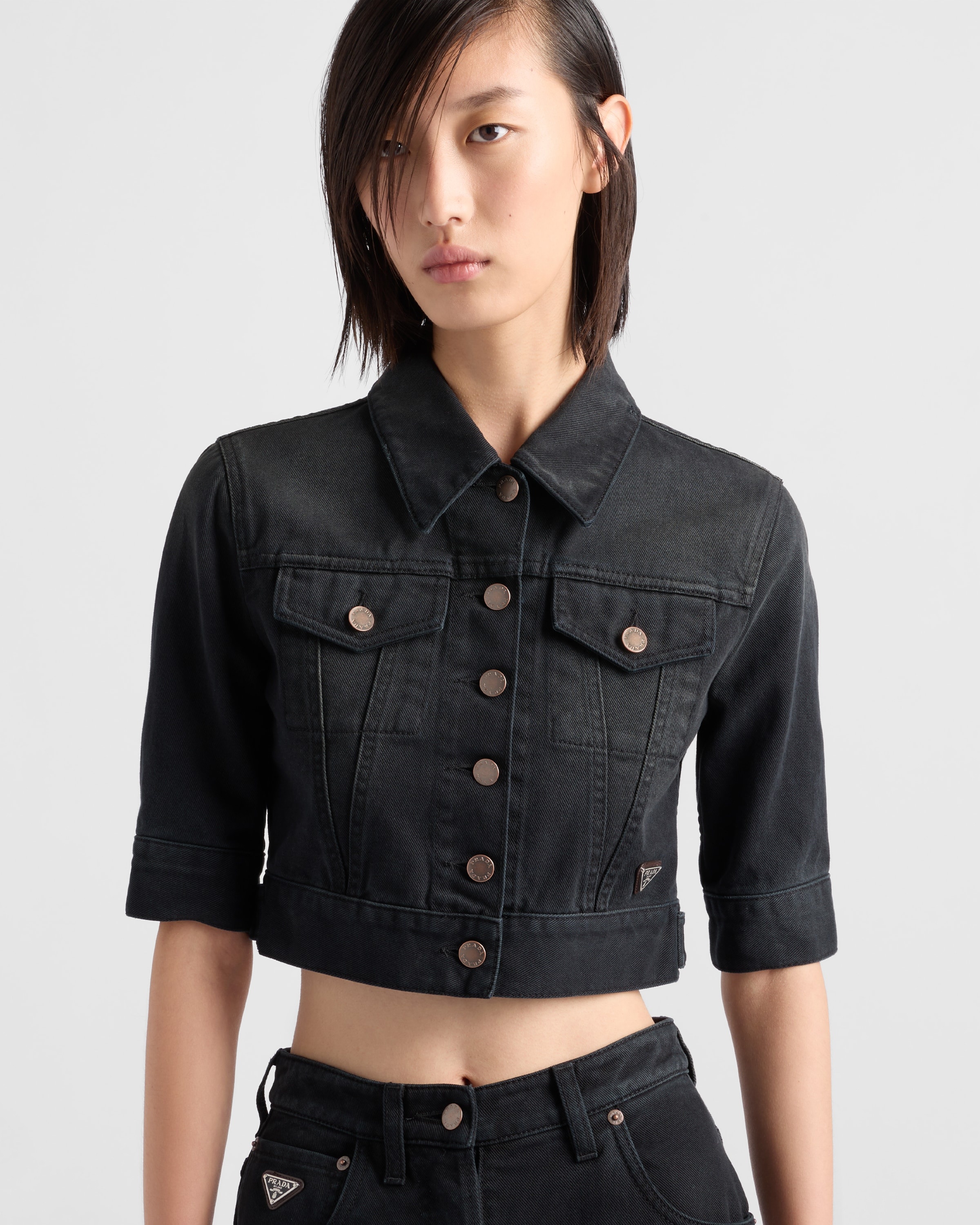 Cropped denim blouson jacket - 3