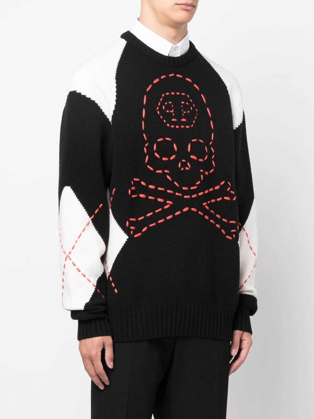 embroidered-skull crew neck sweater - 3