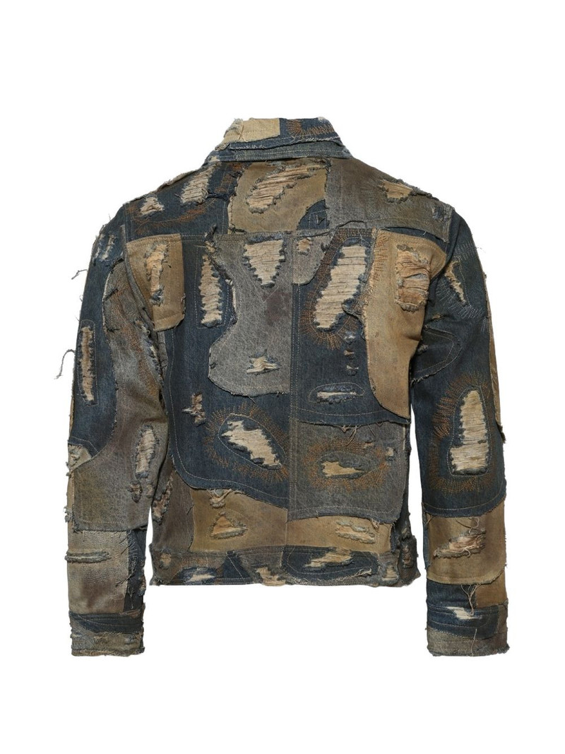 WHO DECIDES WAR patchwork distressed trucker denim jacket outlook