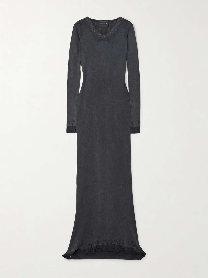 Distressed lace-trimmed ribbed cotton-jersey maxi dress - 1