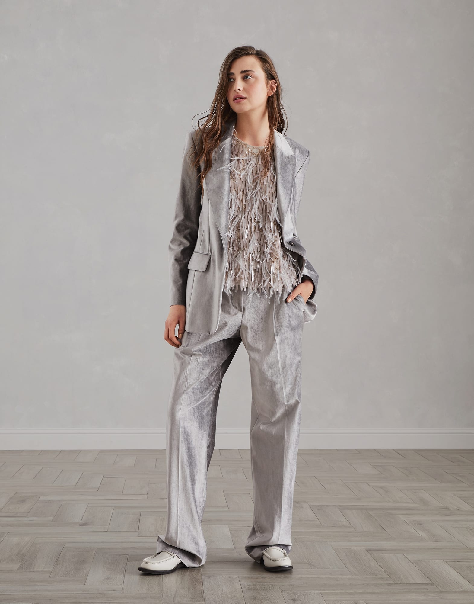 Cotton and viscose sleek velvet blazer with monili - 5