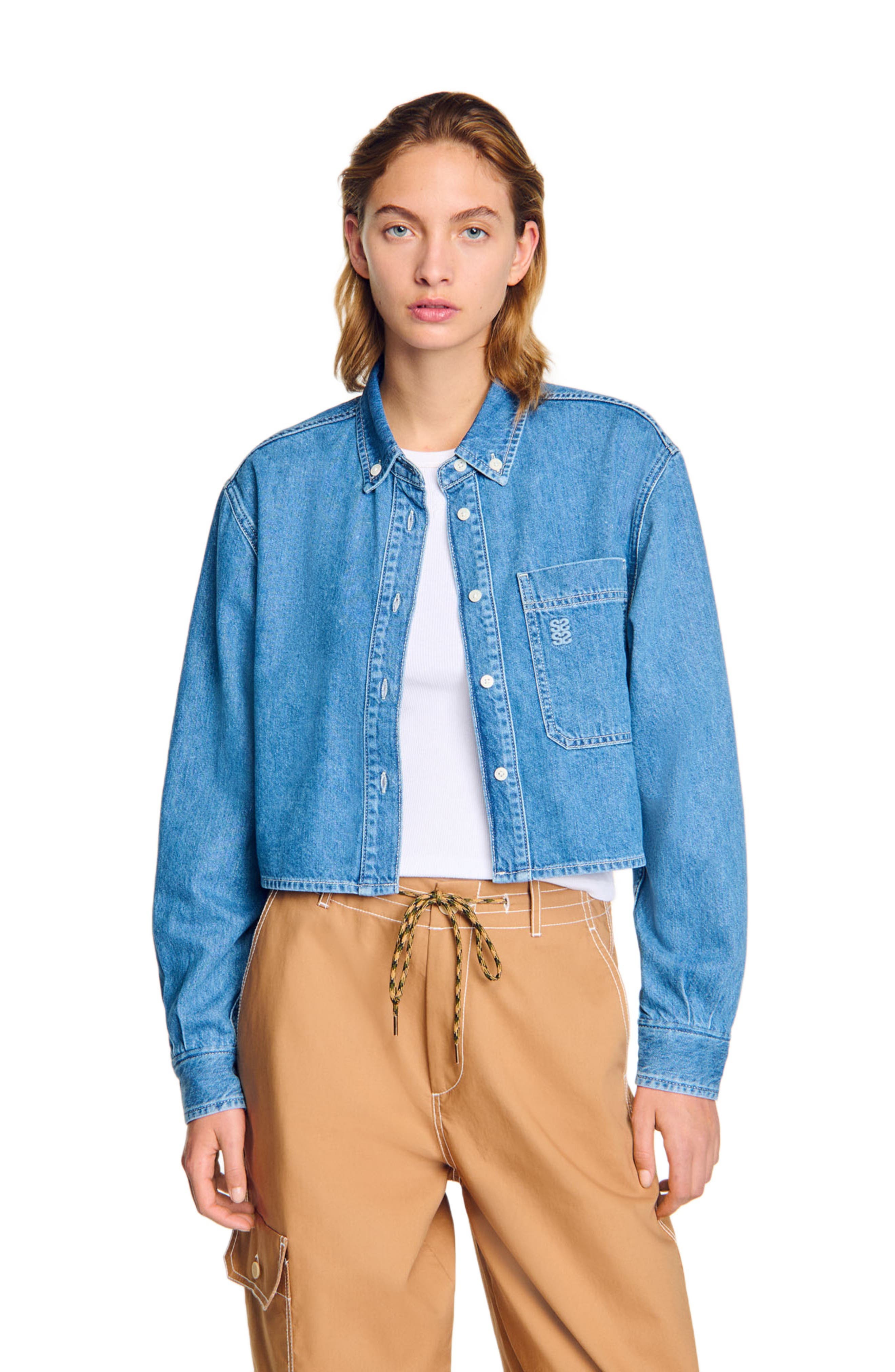SANDRO Denim cropped shirt in Blue Jean at Nordstrom - 3