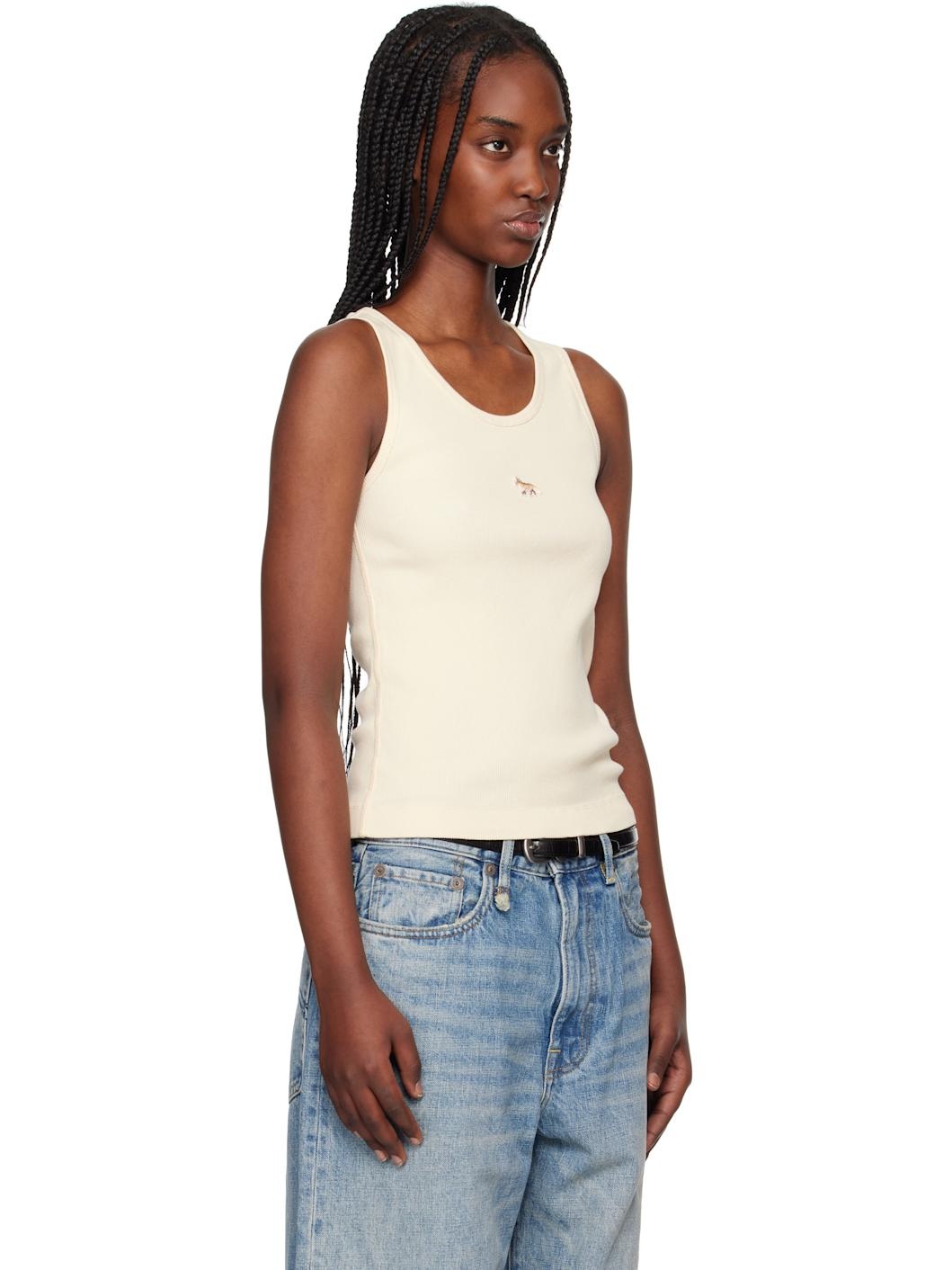 Beige Baby Fox Patch Ribbed Tank Top - 2
