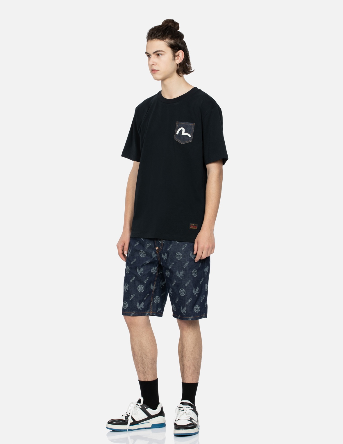 ALLOVER KAMON AND EAGLE PRINT DENIM SHORTS - 4