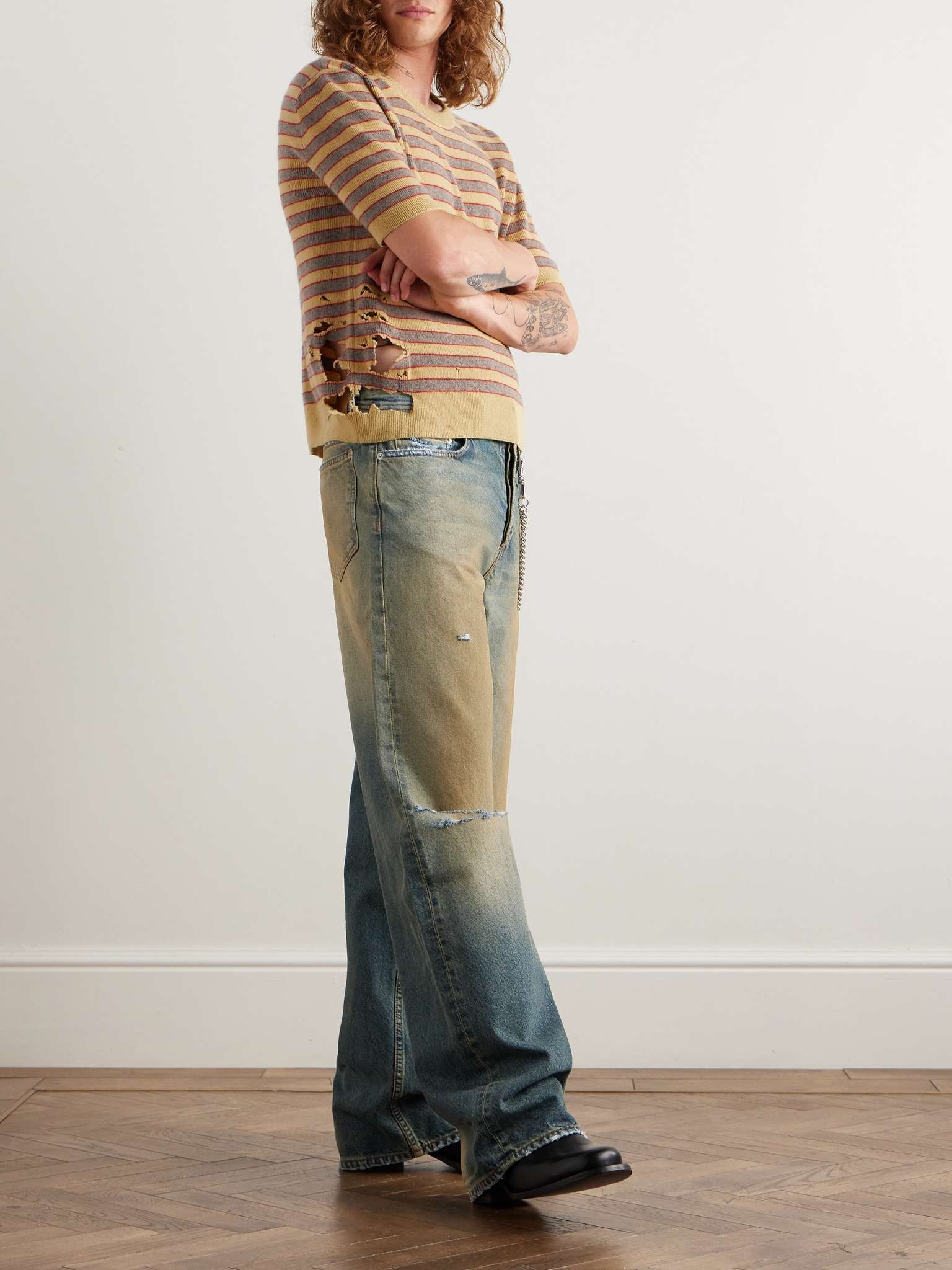 Enfants Riches Deprimes The Larry Slim Fit Cropped Distressed Striped Cashmere Sweater REVERSIBLE