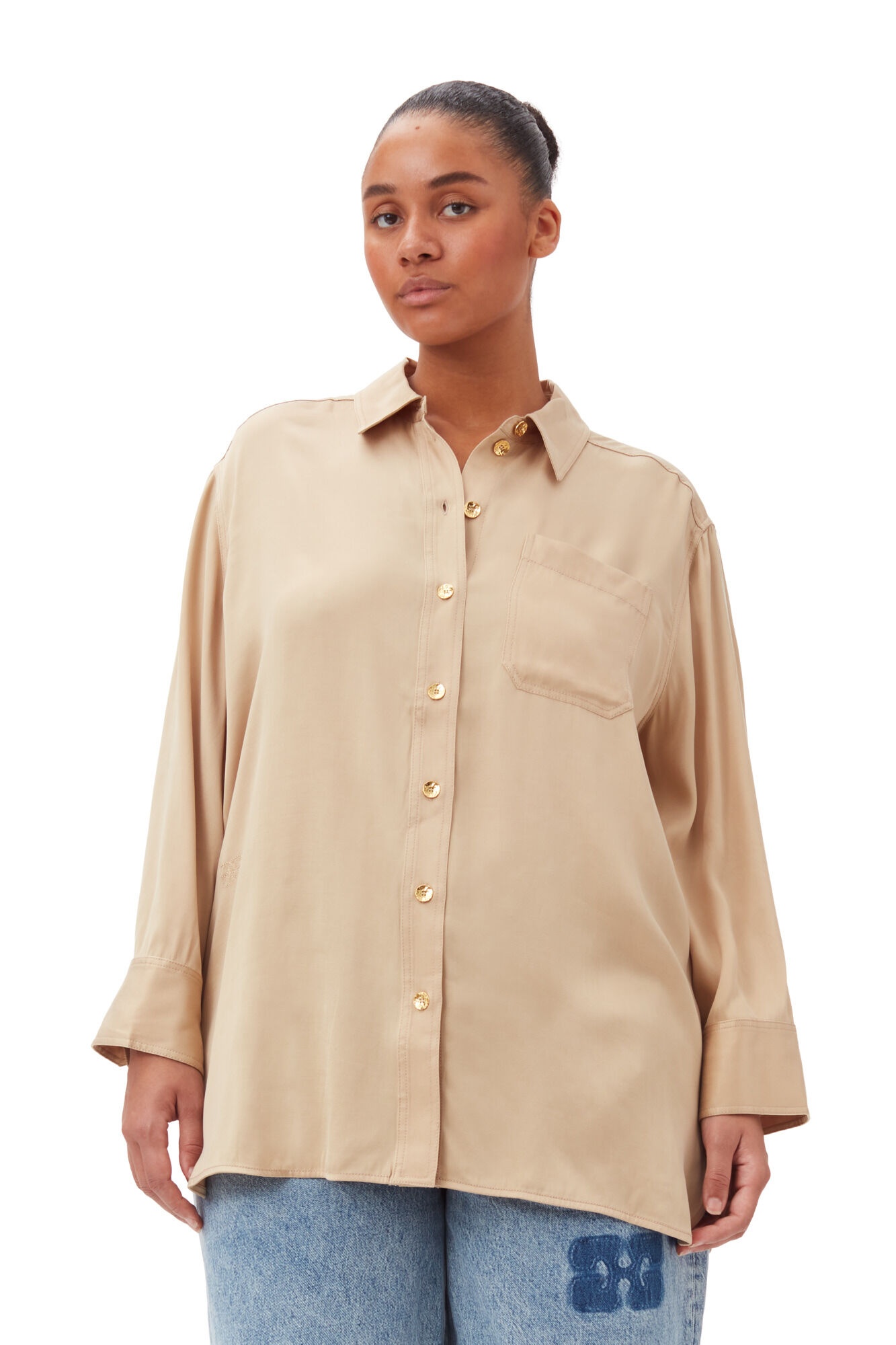 BEIGE WASHED SATIN SHIRT - 7
