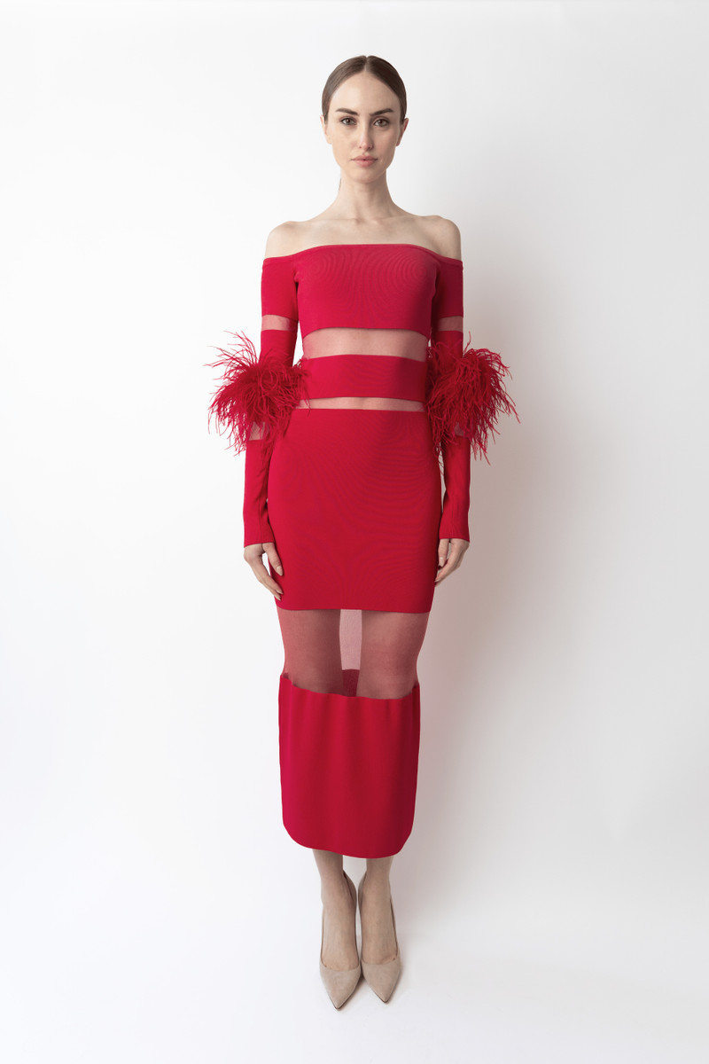 LAPOINTE Matte Viscose Intarsia Dress With Feathers outlook