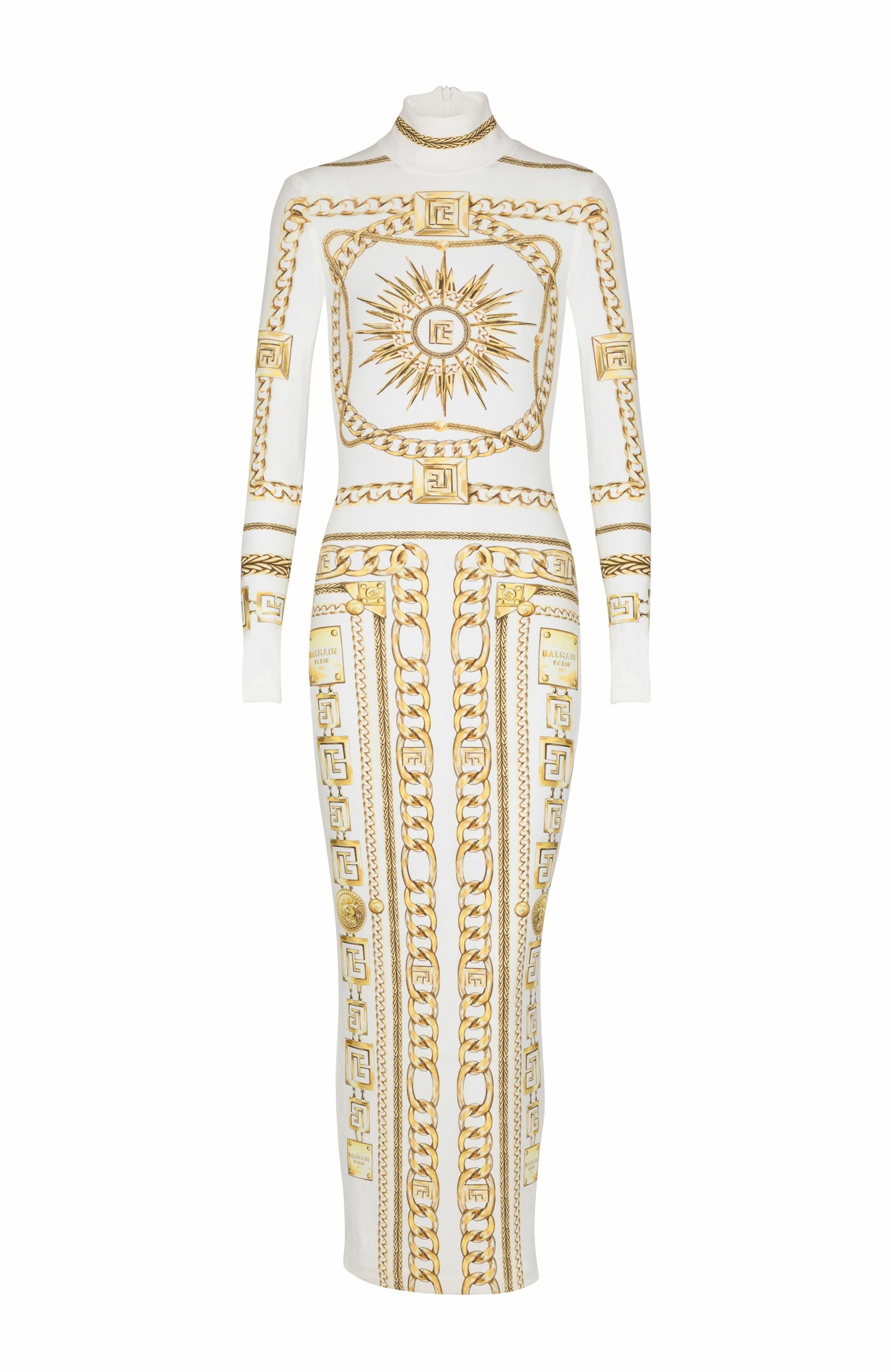 Long printed bodycon dress with Balmain Foulard pattern in Gold at Nordstrom - 5