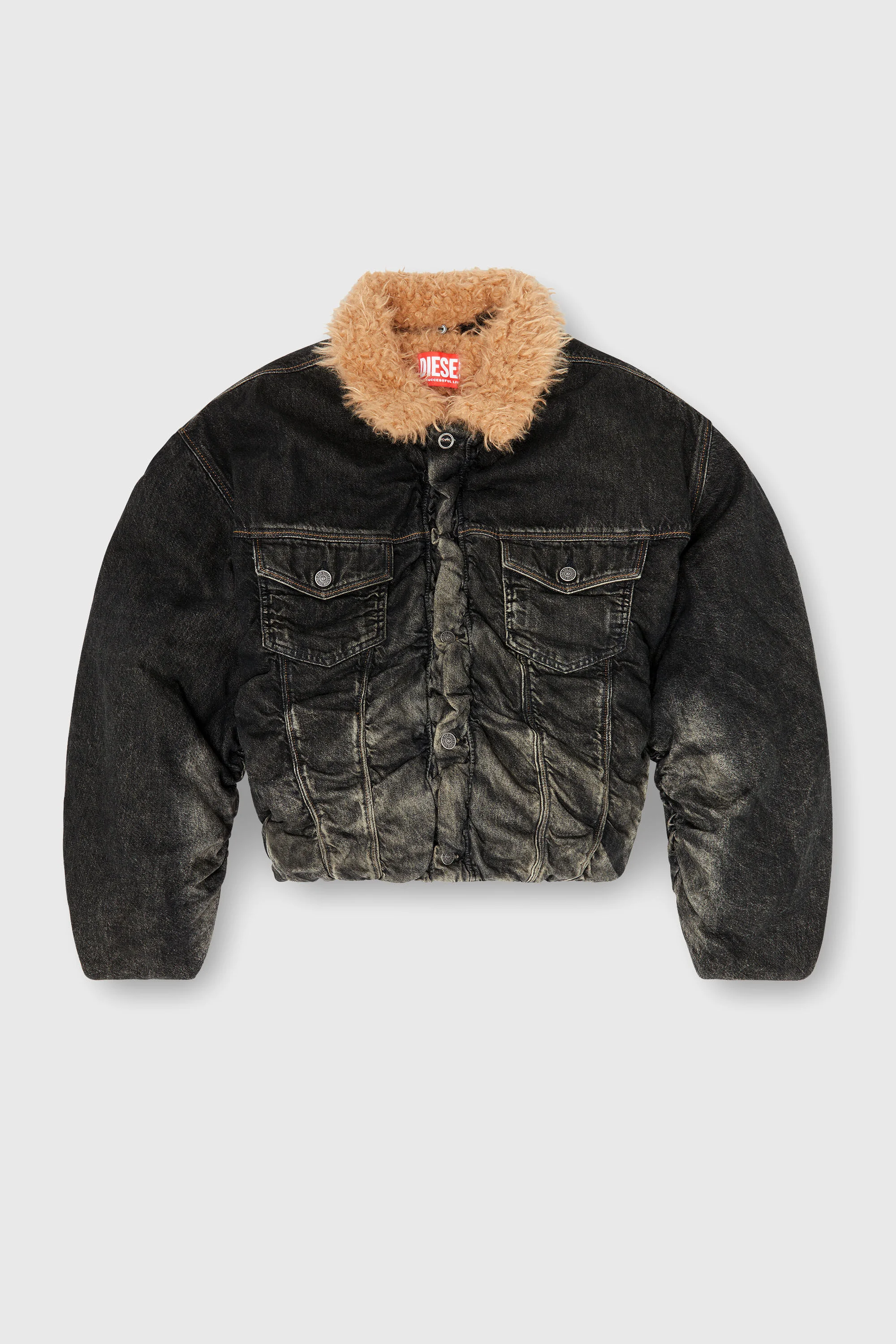 TEDDY-LINED TRUCKER JACKET IN DIRTY-EFFECT DENIM - 1