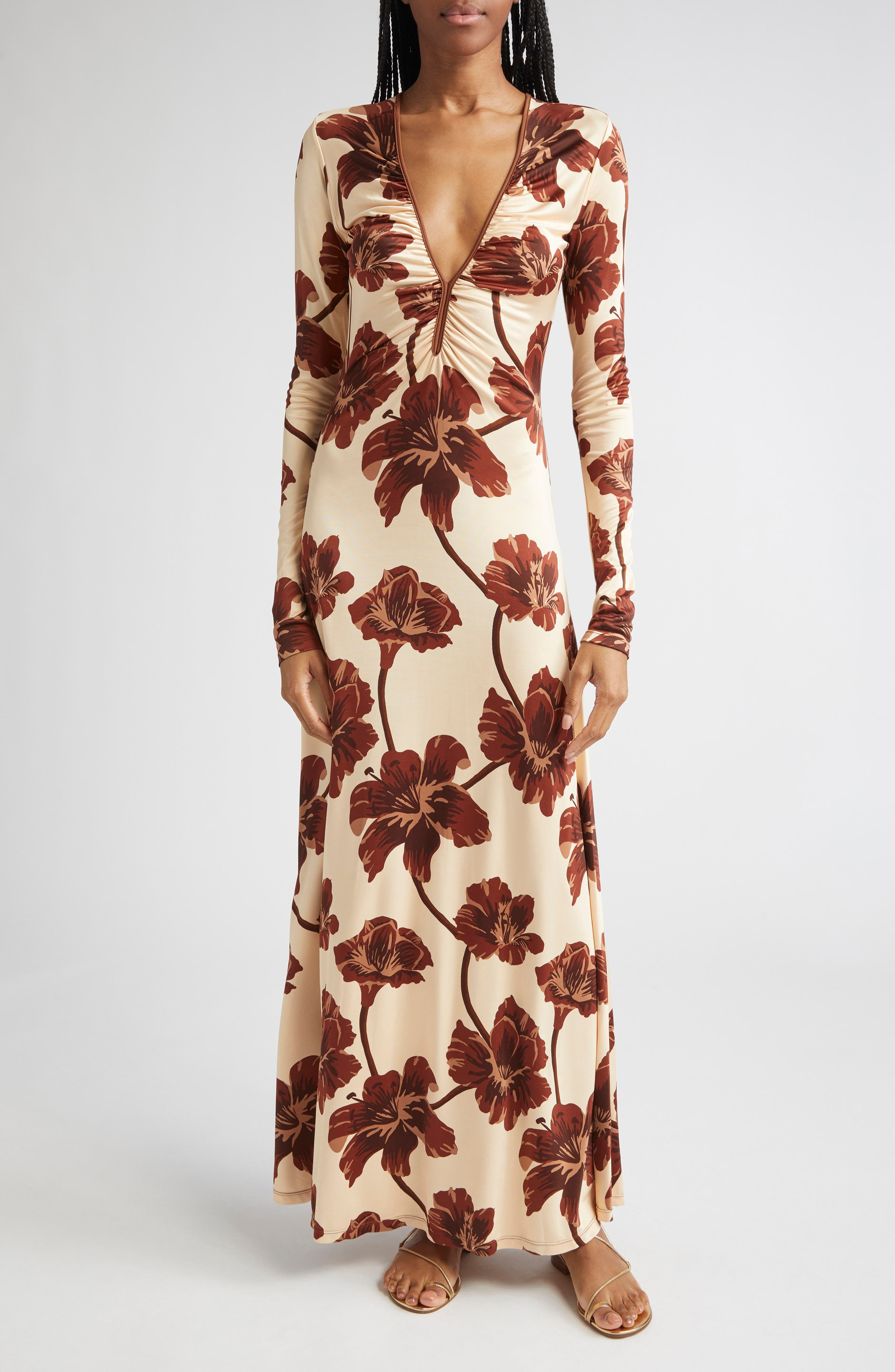 Johanna Ortiz Alma Bordada Floral Print Long Sleeve Jersey Dress in Ecru /Chocolate /Mocca at Nordst - 1