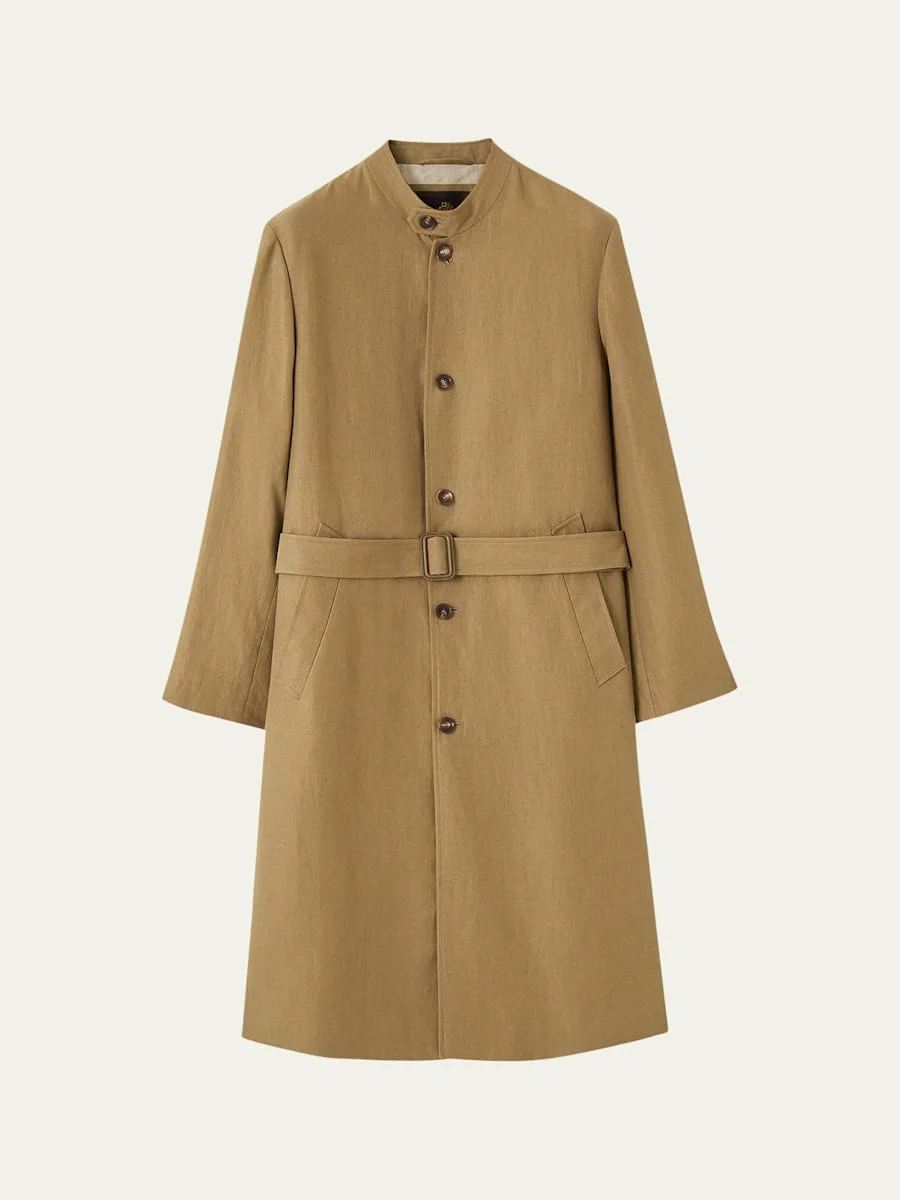 Men's Doran Linen Band-Collar Belted Trench Coat - 1