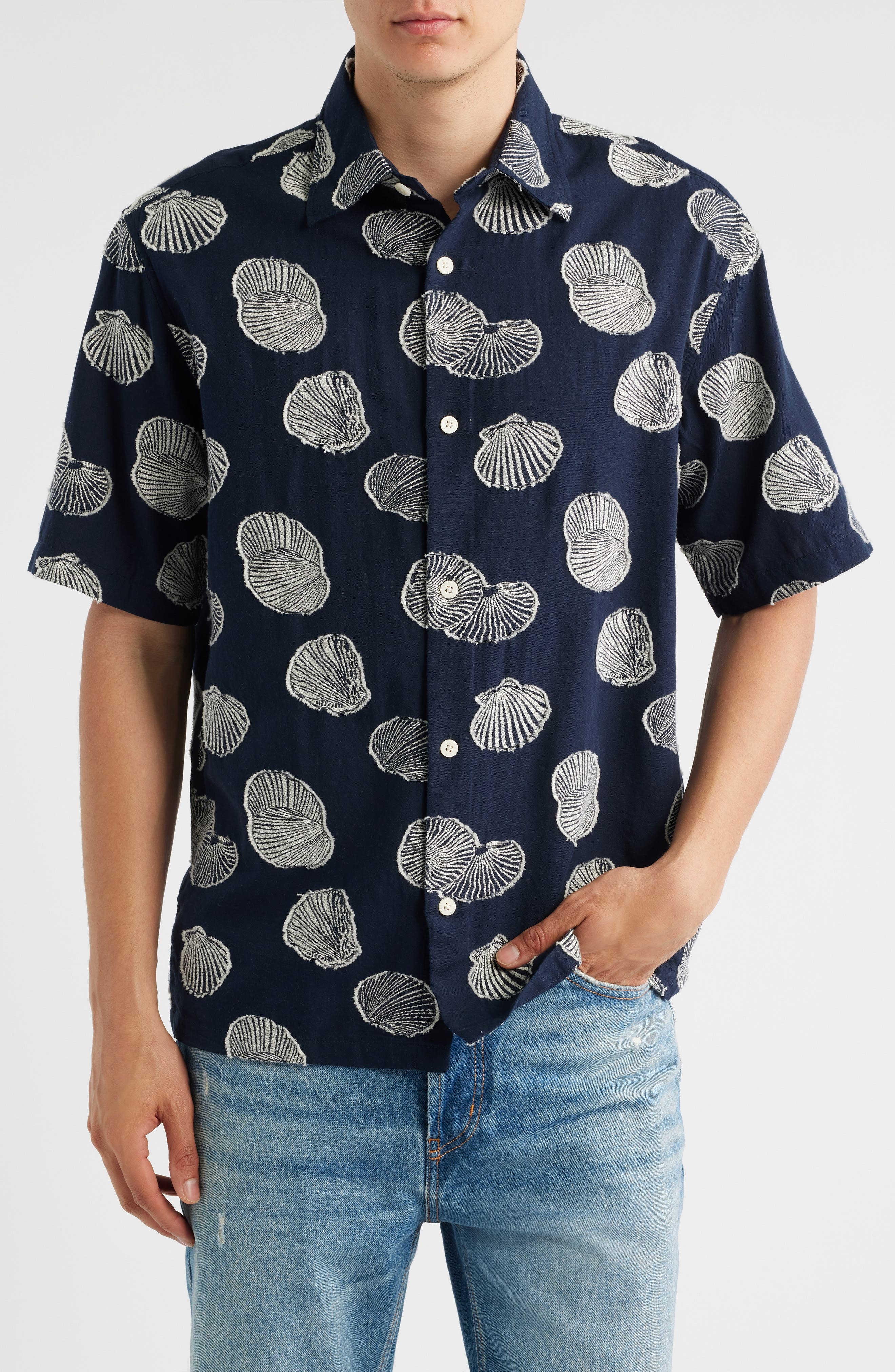 NN07 Freddy 5715 Short Sleeve Button-Up Shirt in Navy Blue at Nordstrom - 1