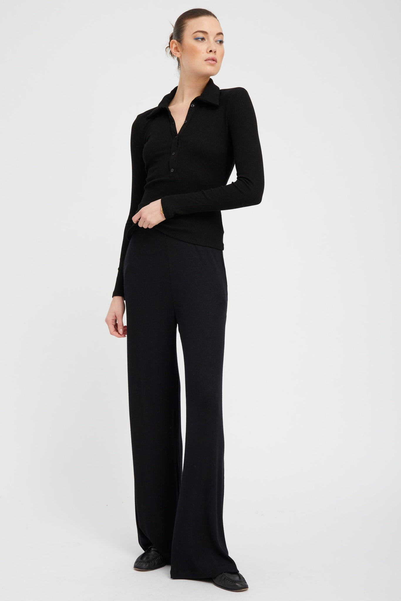 BLACK RIB WIDE LEG PANTS - 2