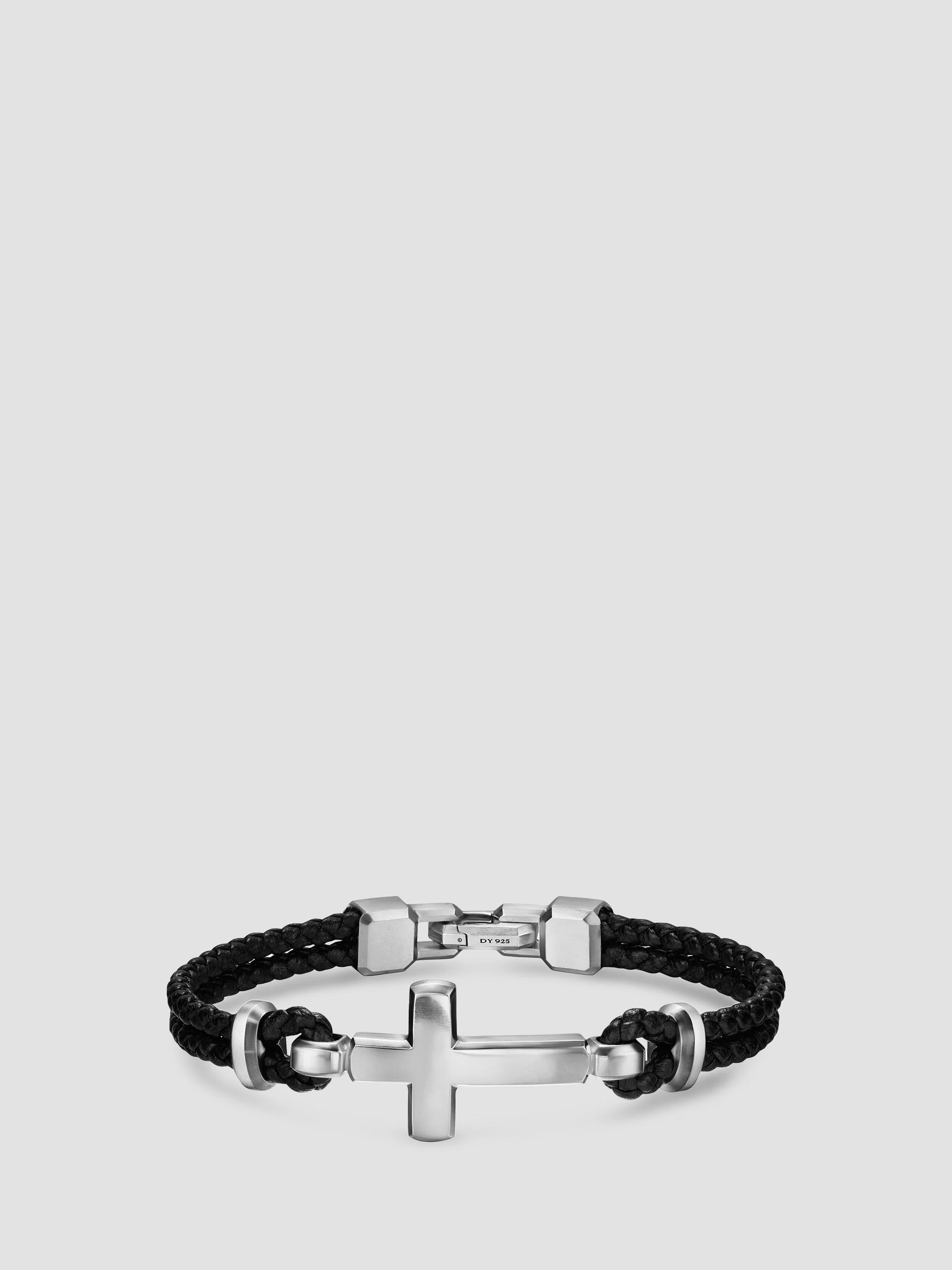 Men's Streamline Cross Station Bracelet in Black Leather - Silver - 1
