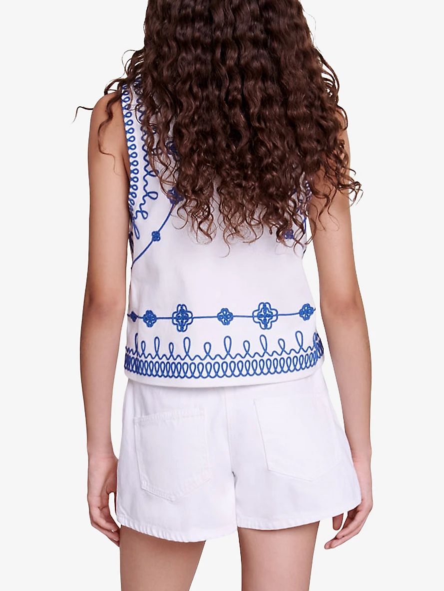 Embroidered sleeveless stretch-cotton top - 4