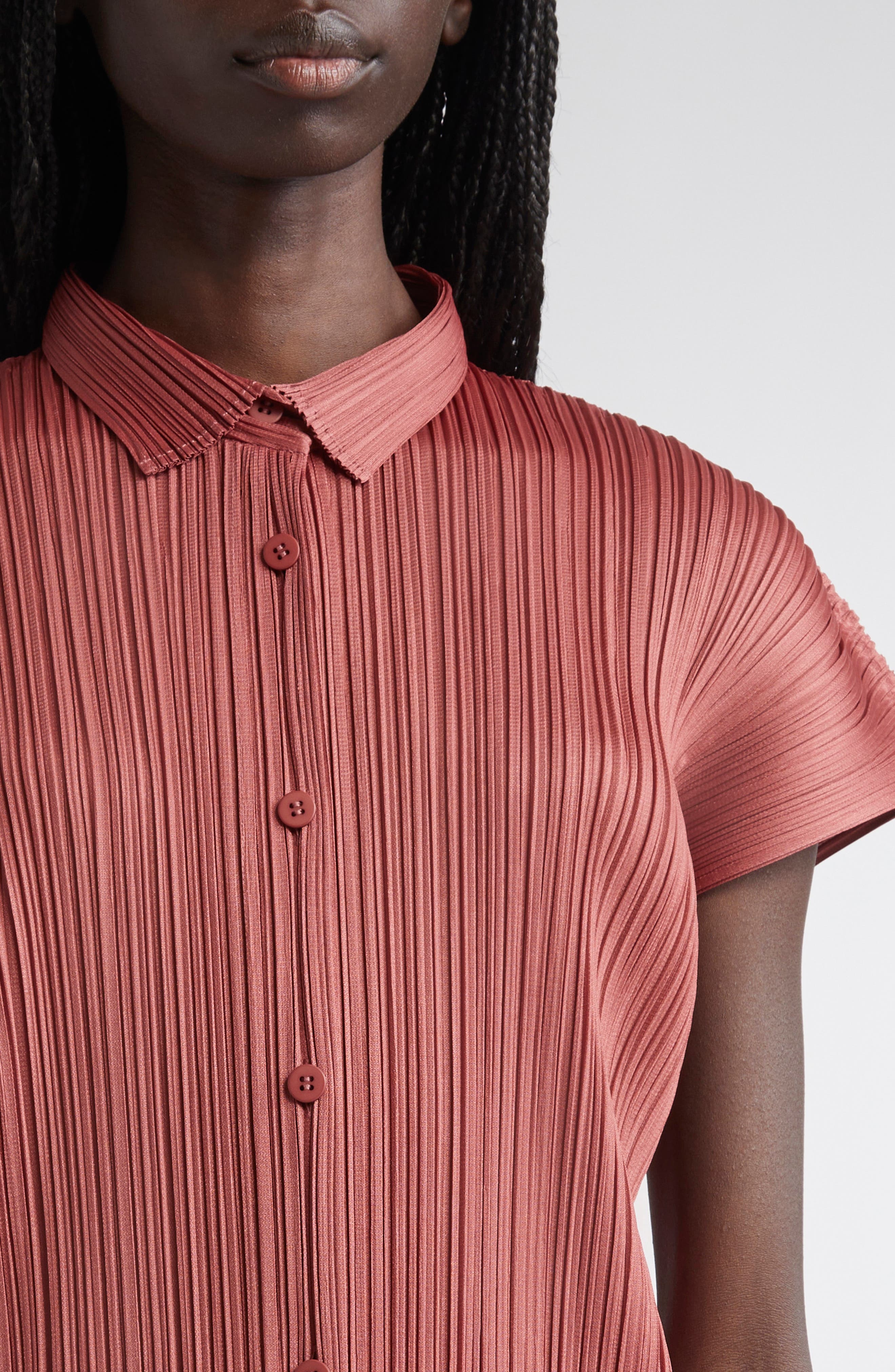 Pleats Please Issey Miyake Monthly Colors May Pleated Short Sleeve Shirtdress in Terracotta at Nords - 5