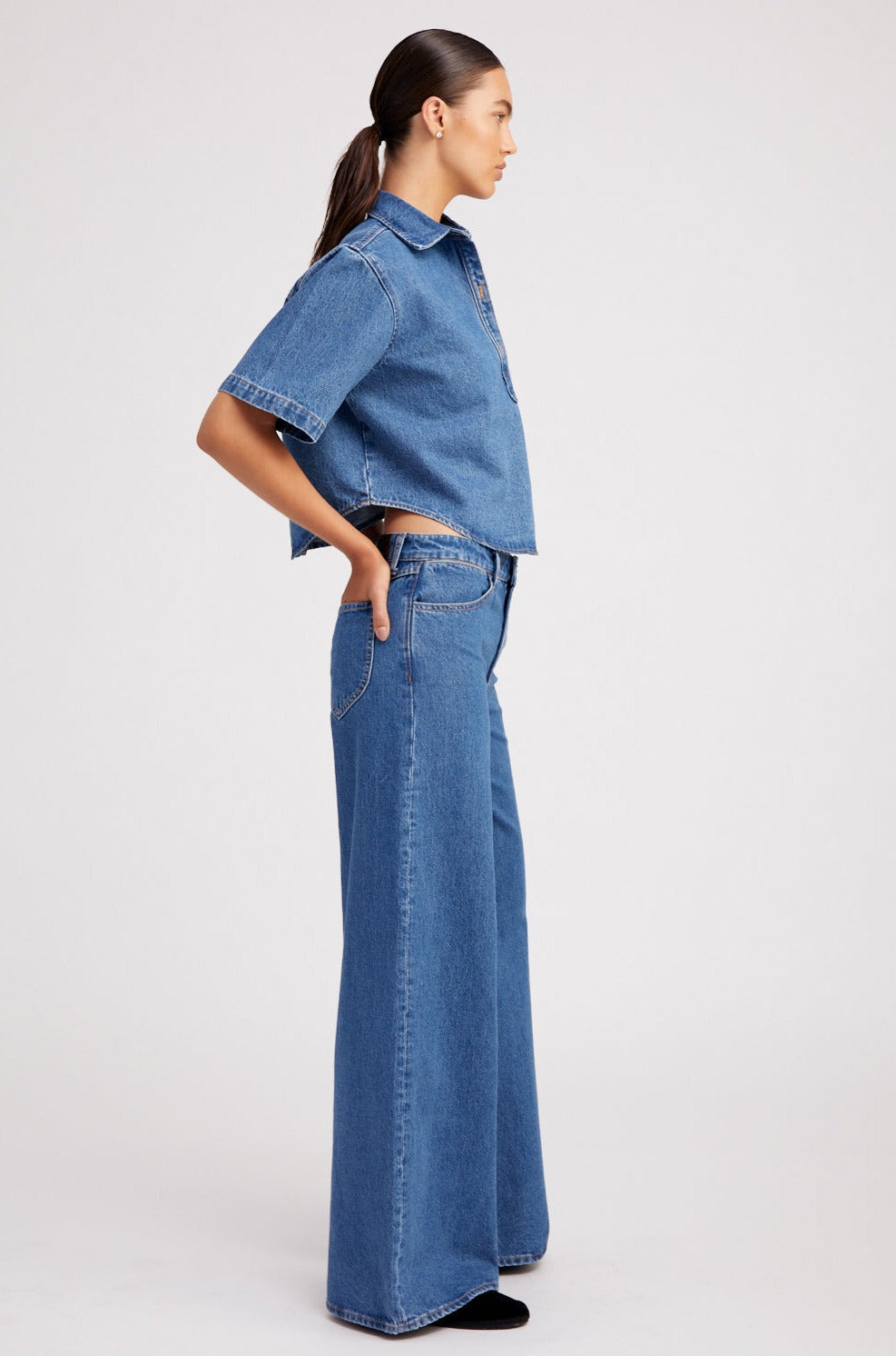 COCO DENIM CROPPED OVERSIZED HENLEY SHIRT - 3