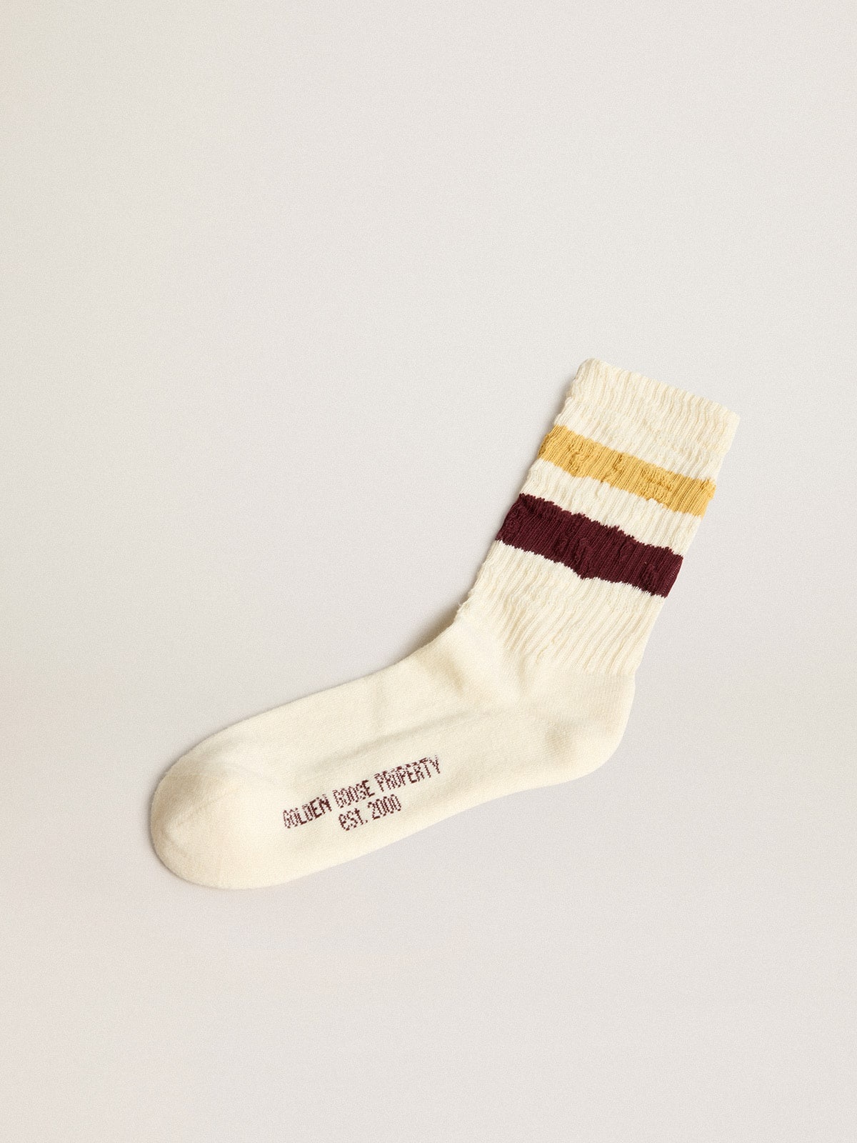 Worn white with distressed details and two-tone mustard and burgundy stripes - 1