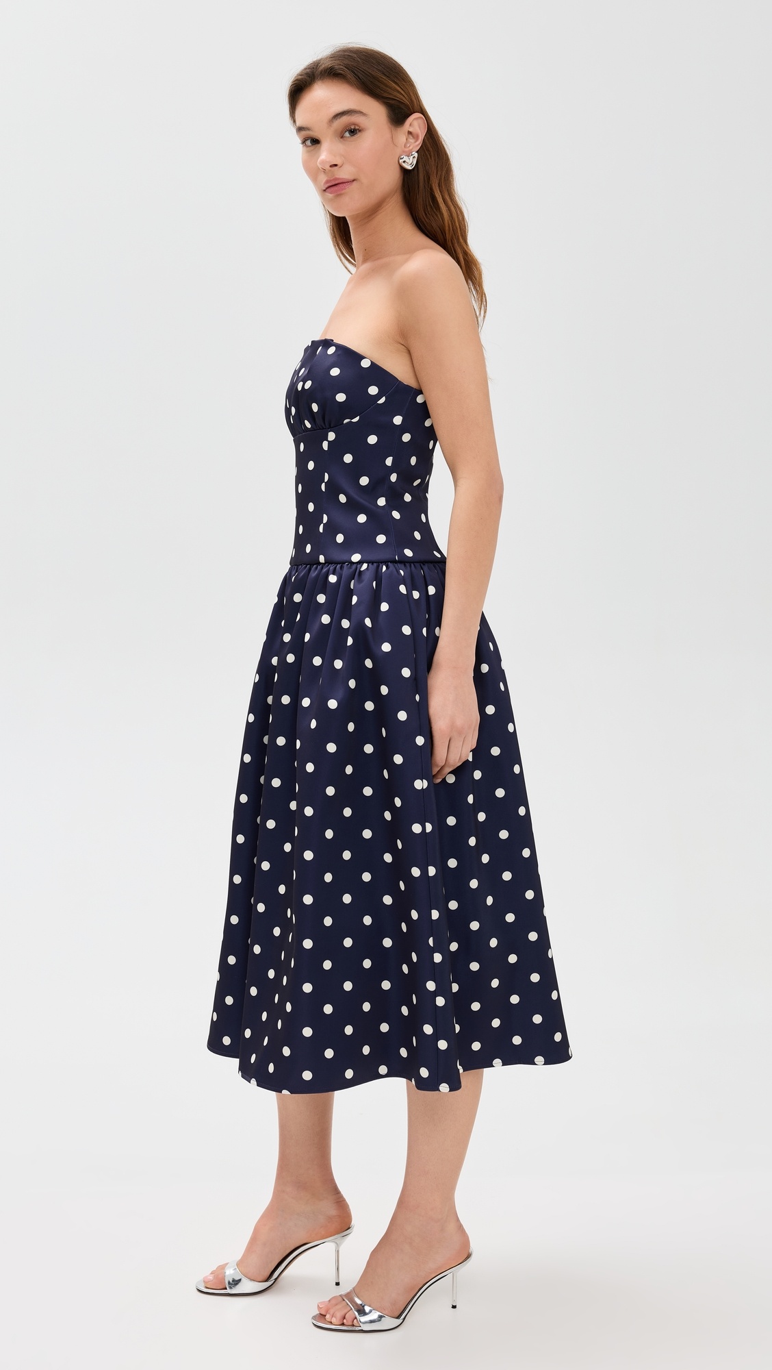 Navy Polka Dot Satin Midi Dress - 3