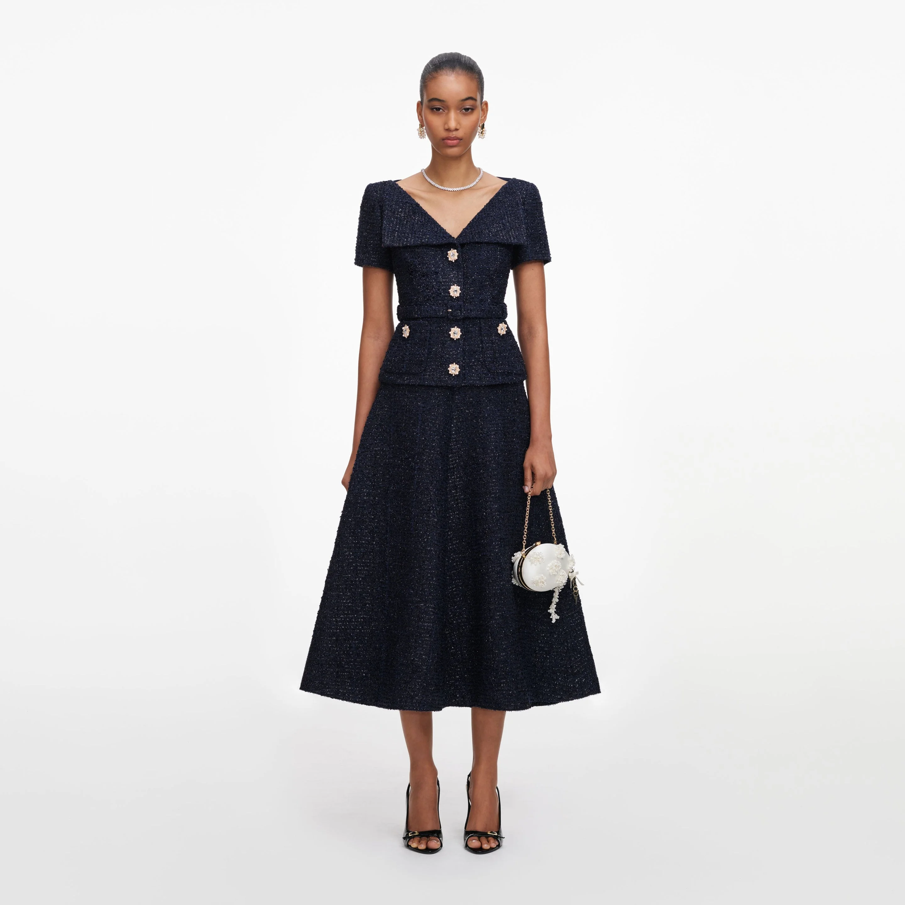 Navy Boucle Tailored Midi Dress - 1