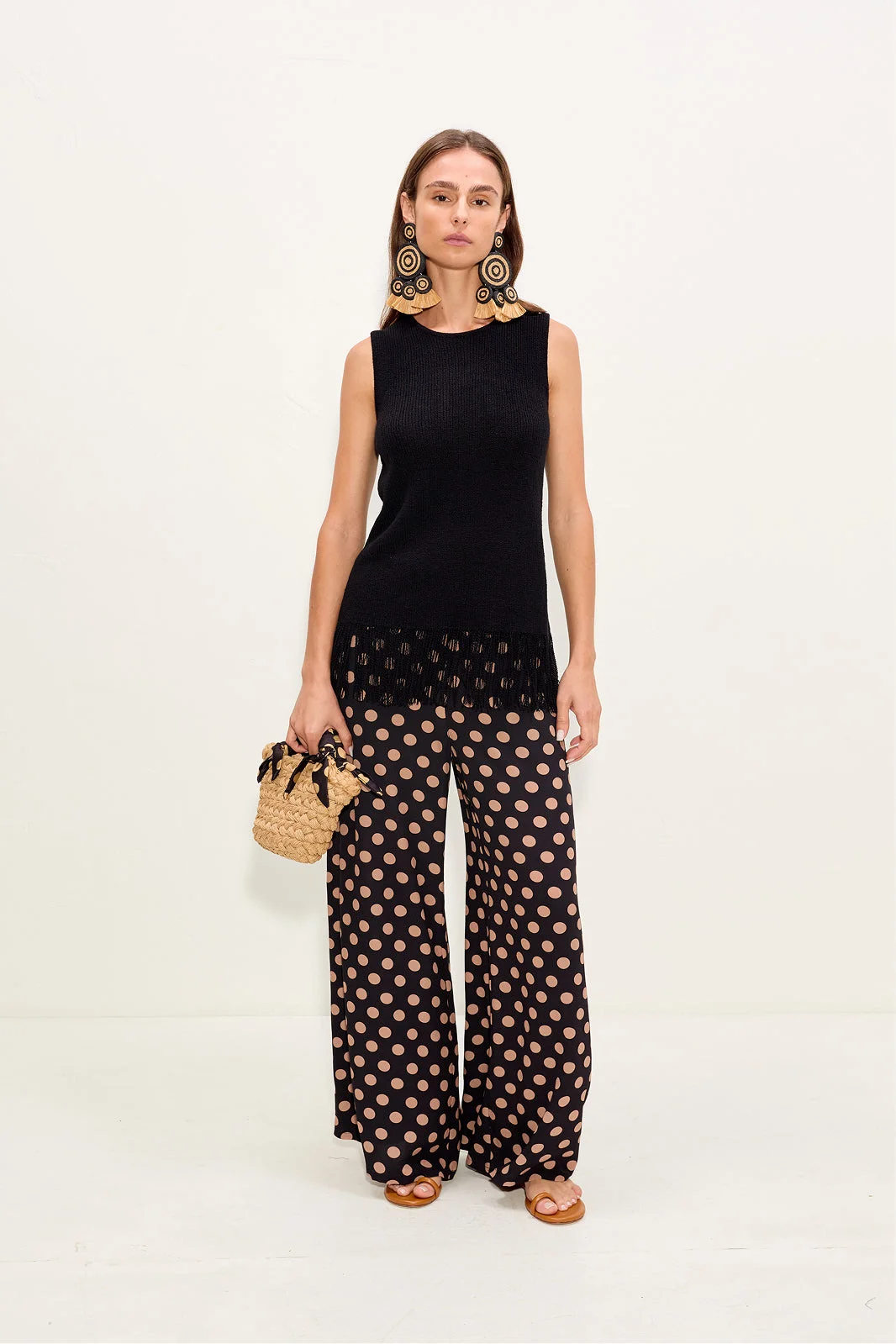 Nella Crepe Wide Leg Pant In Black/Tan Polka Dot - 1