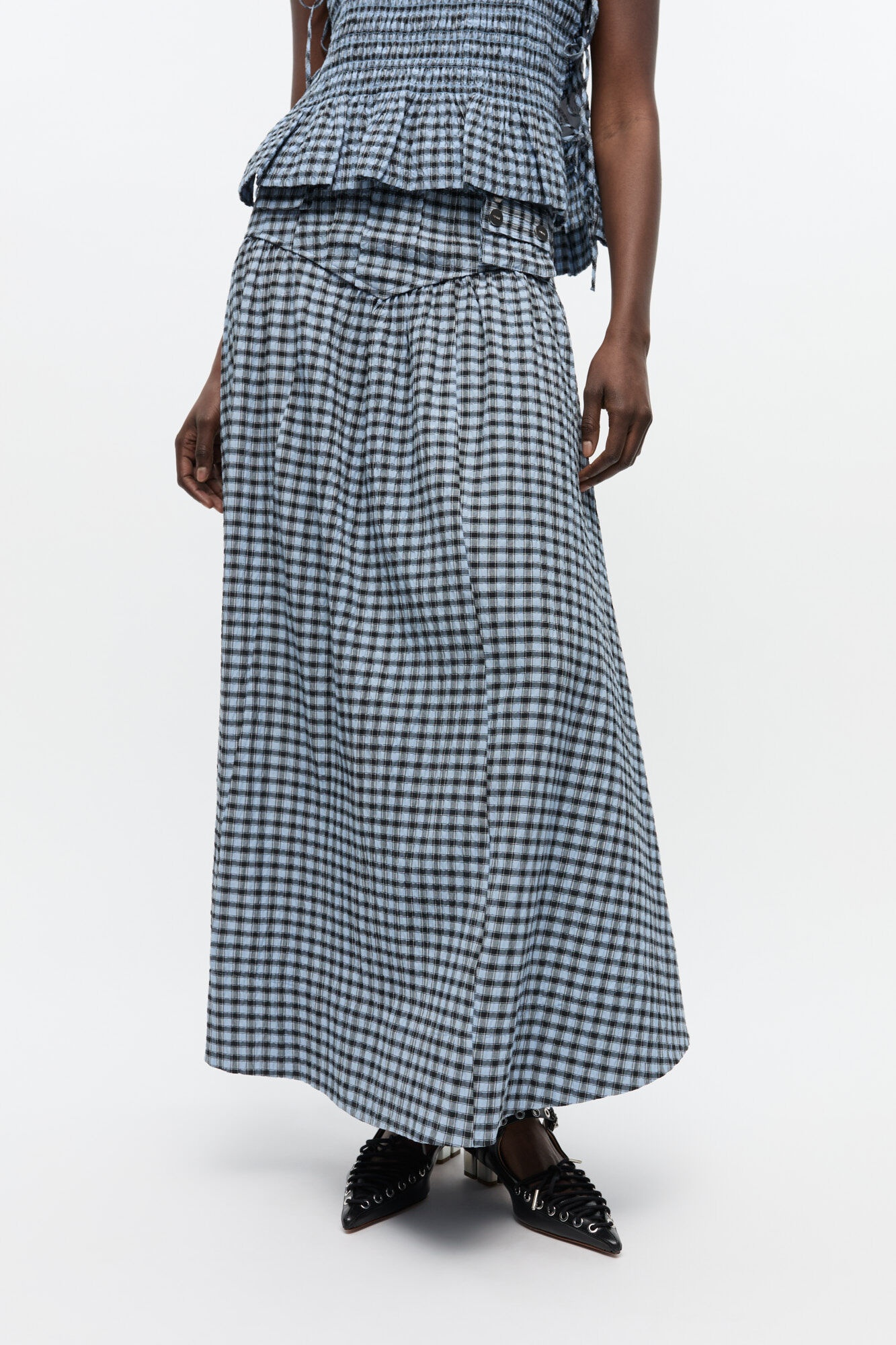 BLUE SEERSUCKER CHECK LONG SKIRT - 3