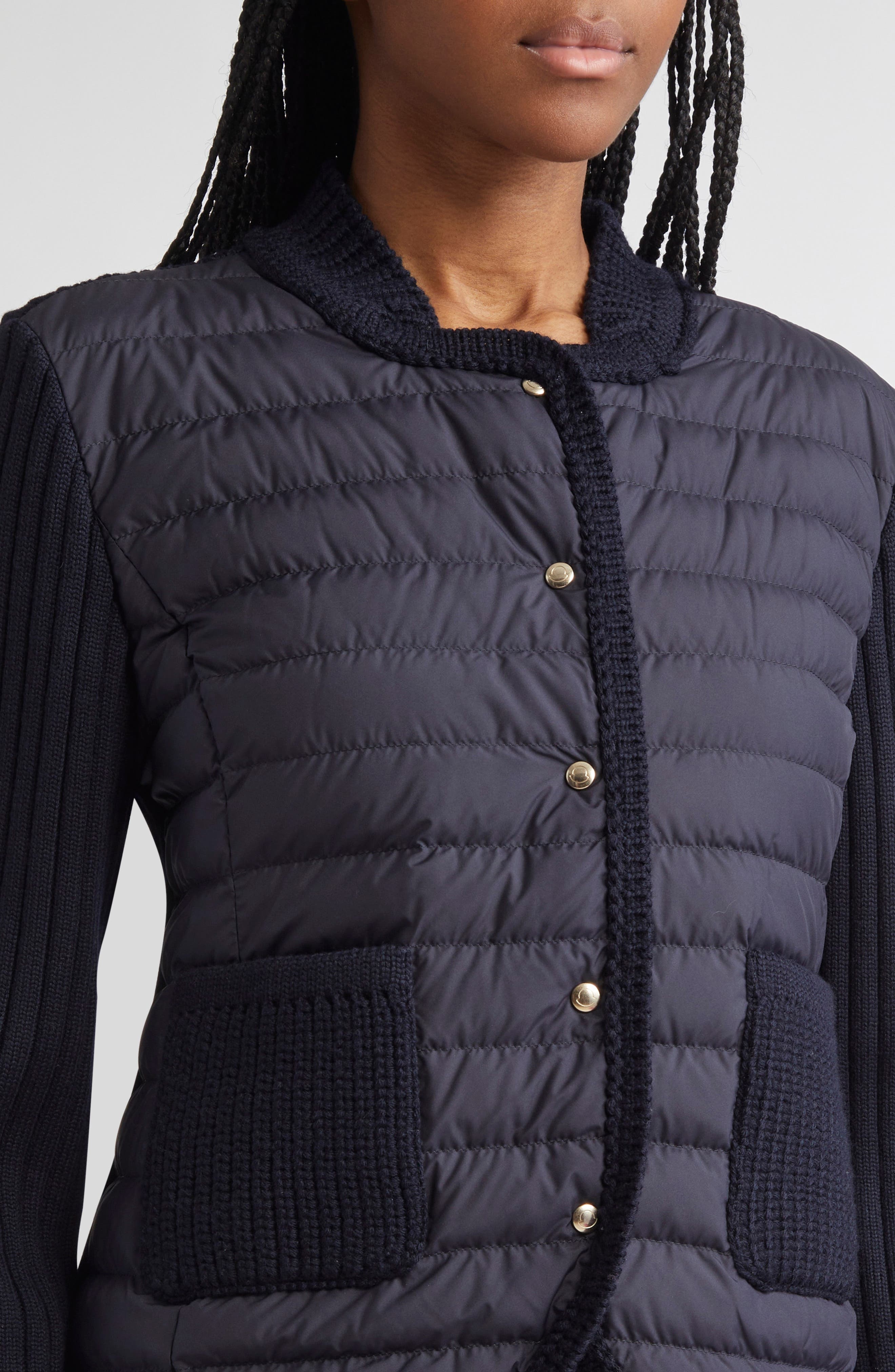 Moncler Quilted Down & Virgin Wool Knit Cardigan in Navy Blue at Nordstrom - 4