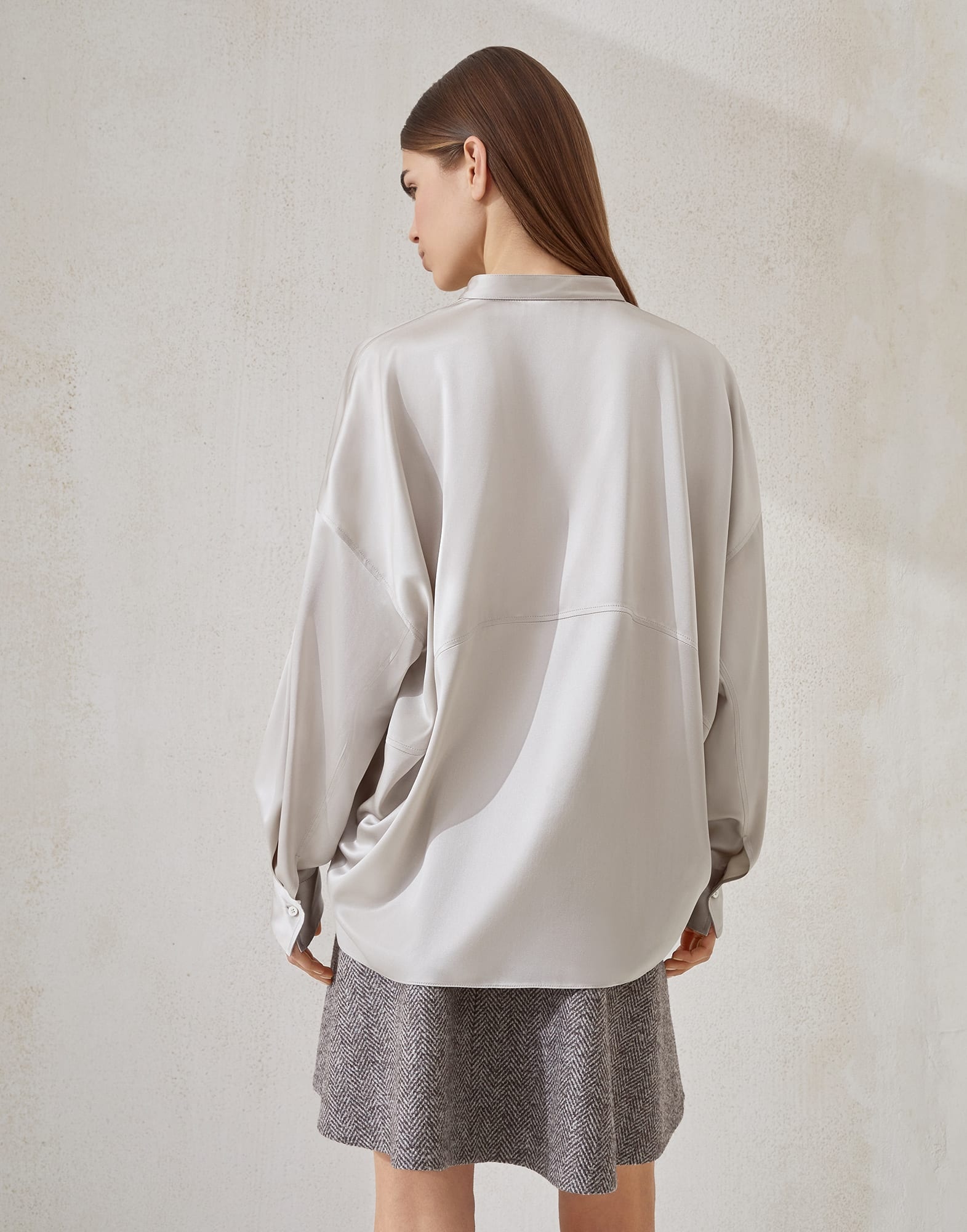Stretch silk satin blouse with shiny plastron - 2